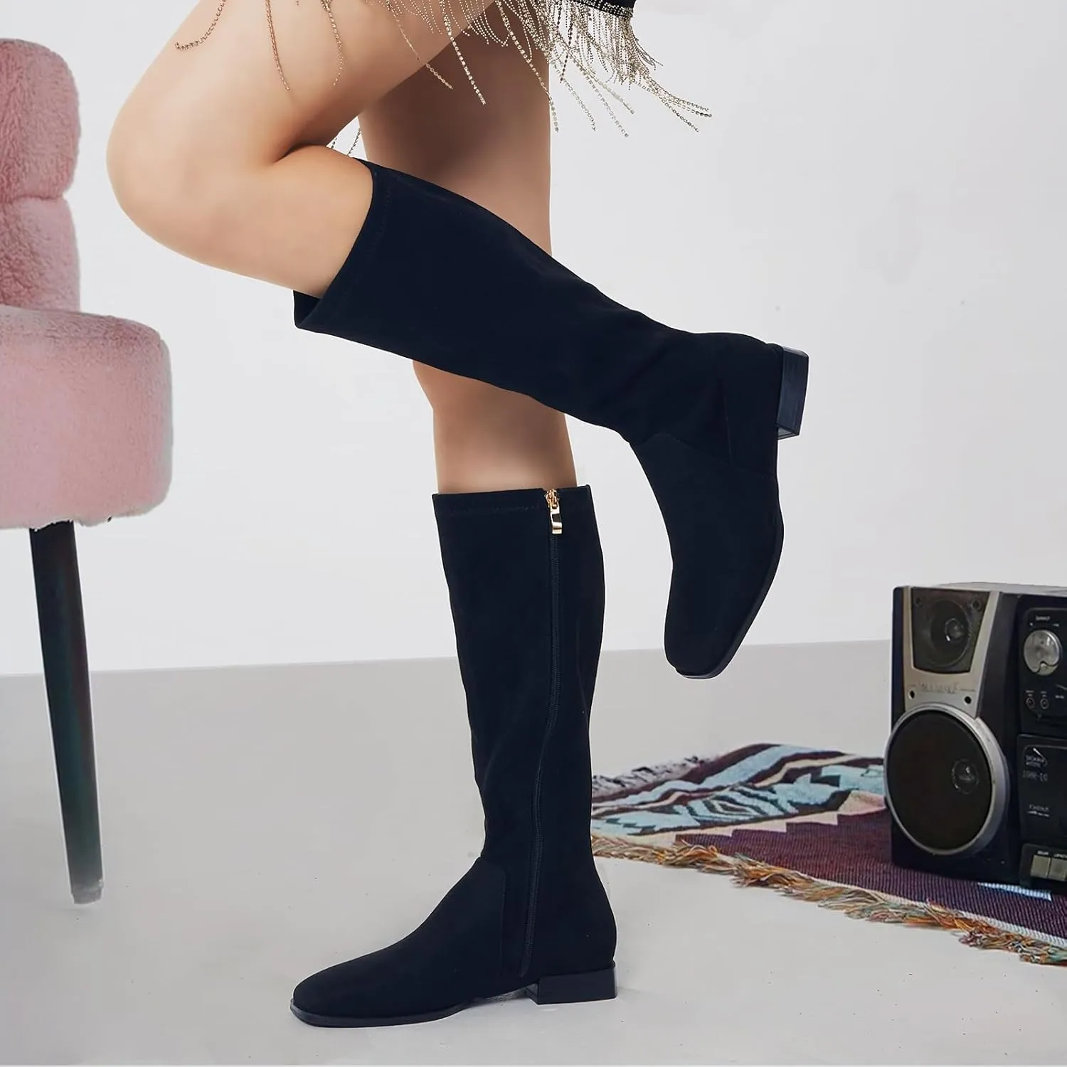 GENSHUO Knee High Boots for Women Comfy Flat Heel Vintage Square Toe Fall Winter Solid Side Zipper Costume Knight Booties