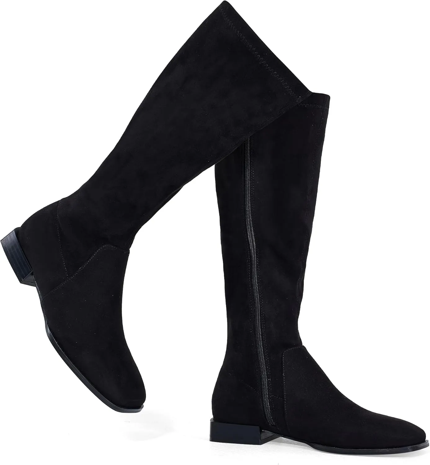 GENSHUO Knee High Boots for Women Comfy Flat Heel Vintage Square Toe Fall Winter Solid Side Zipper Costume Knight Booties