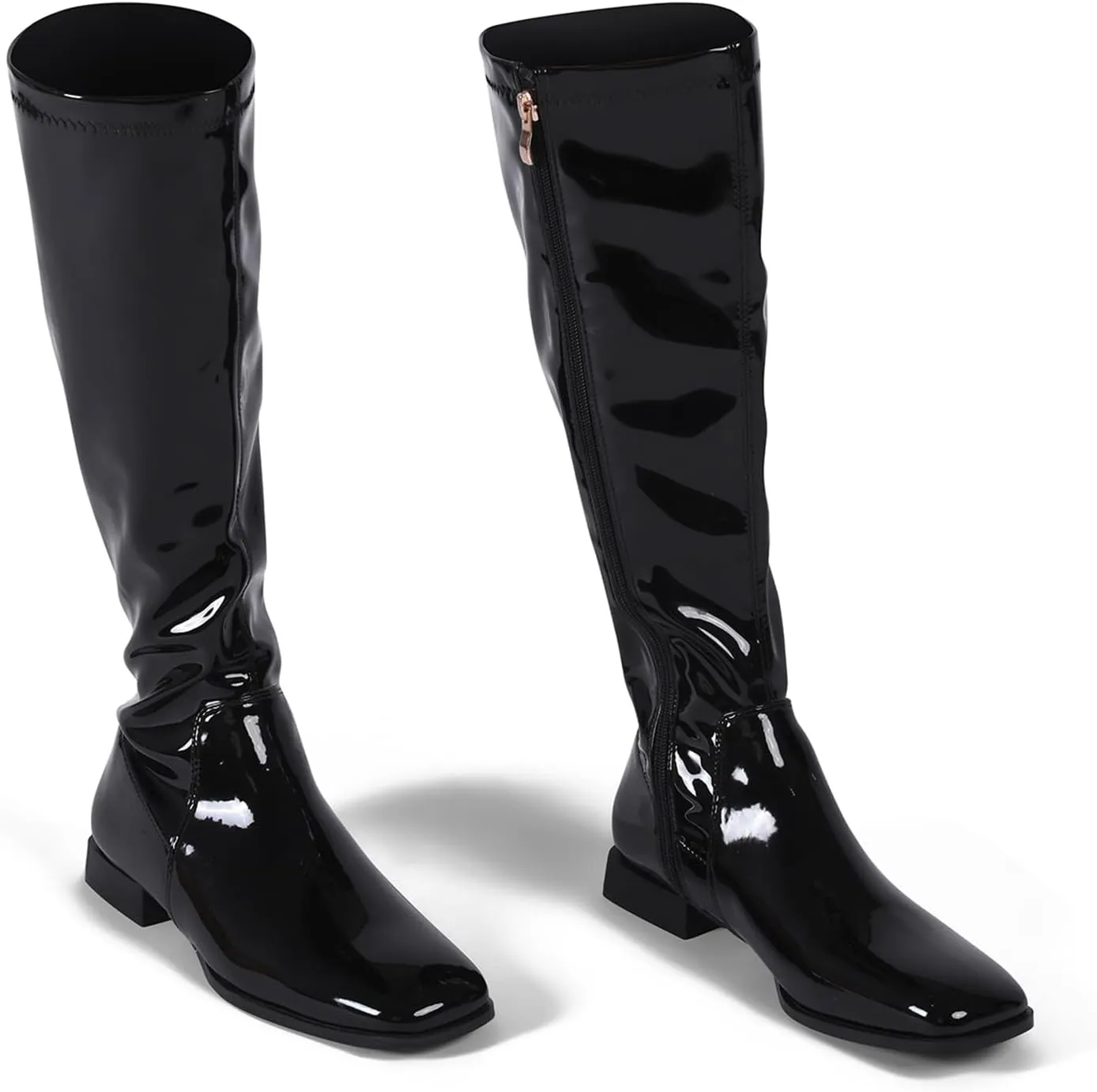 GENSHUO Knee High Boots for Women Comfy Flat Heel Vintage Square Toe Fall Winter Solid Side Zipper Costume Knight Booties