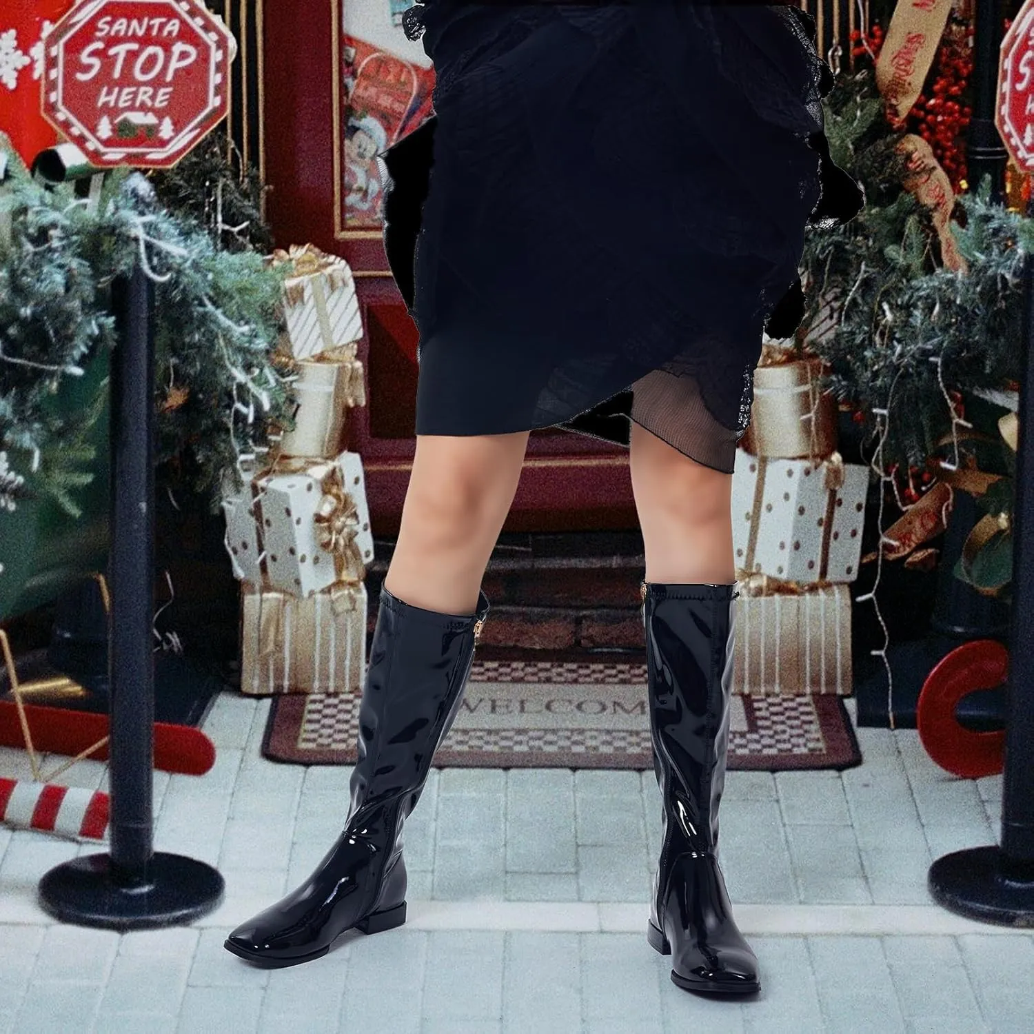 GENSHUO Knee High Boots for Women Comfy Flat Heel Vintage Square Toe Fall Winter Solid Side Zipper Costume Knight Booties