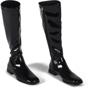 GENSHUO Knee High Boots for Women Comfy Flat Heel Vintage Square Toe Fall Winter Solid Side Zipper Costume Knight Booties