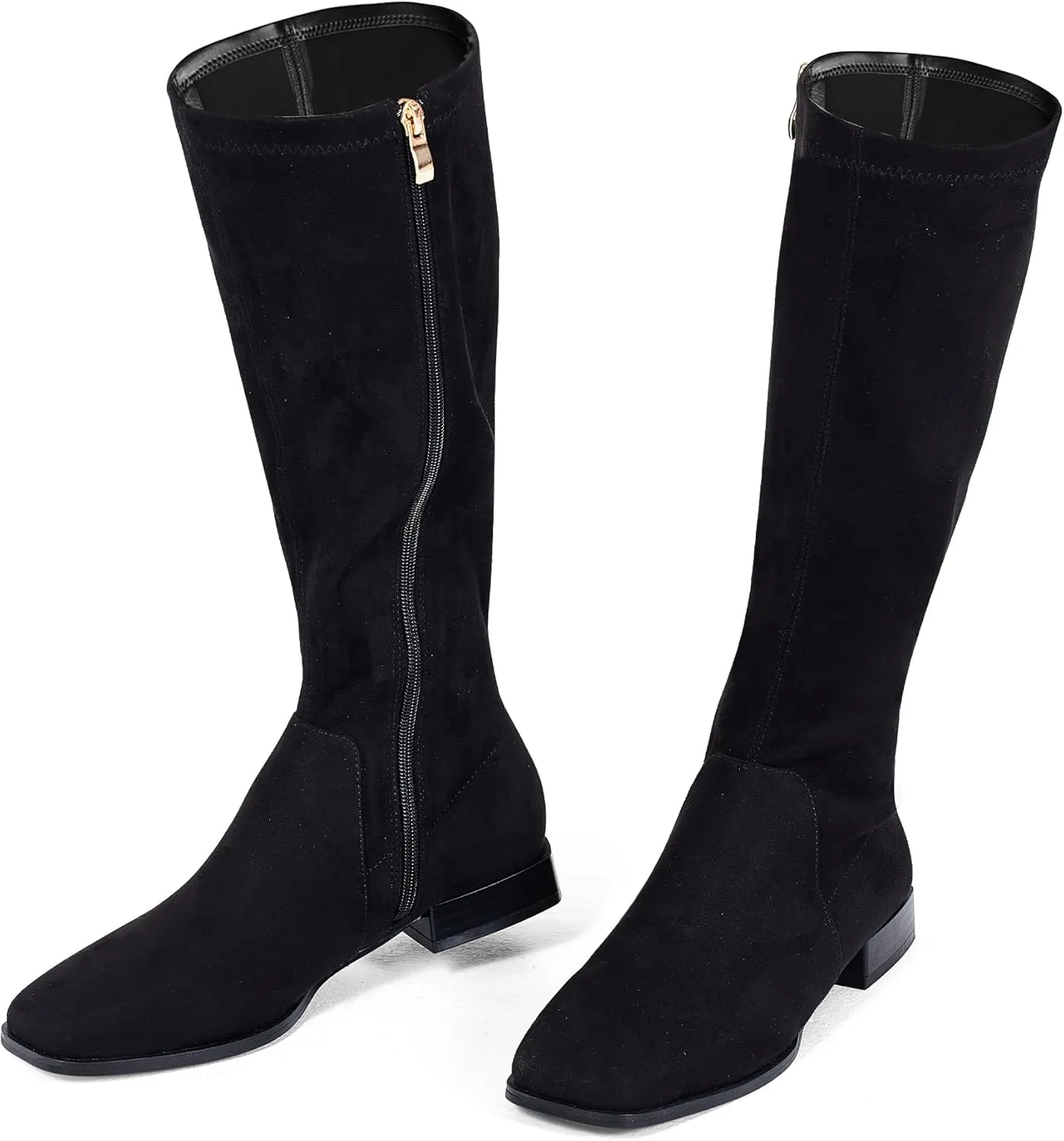GENSHUO Knee High Boots for Women Comfy Flat Heel Vintage Square Toe Fall Winter Solid Side Zipper Costume Knight Booties