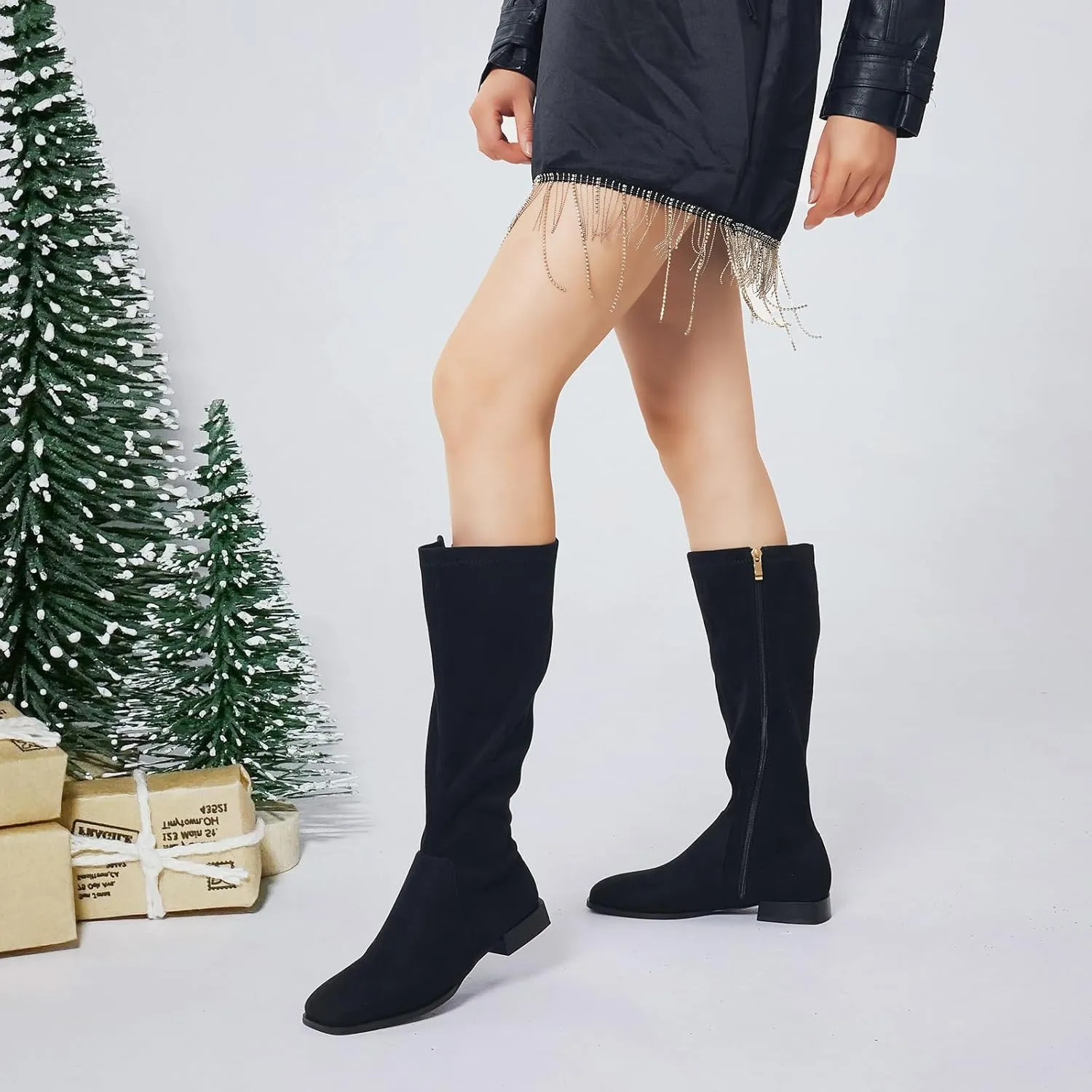 GENSHUO Knee High Boots for Women Comfy Flat Heel Vintage Square Toe Fall Winter Solid Side Zipper Costume Knight Booties