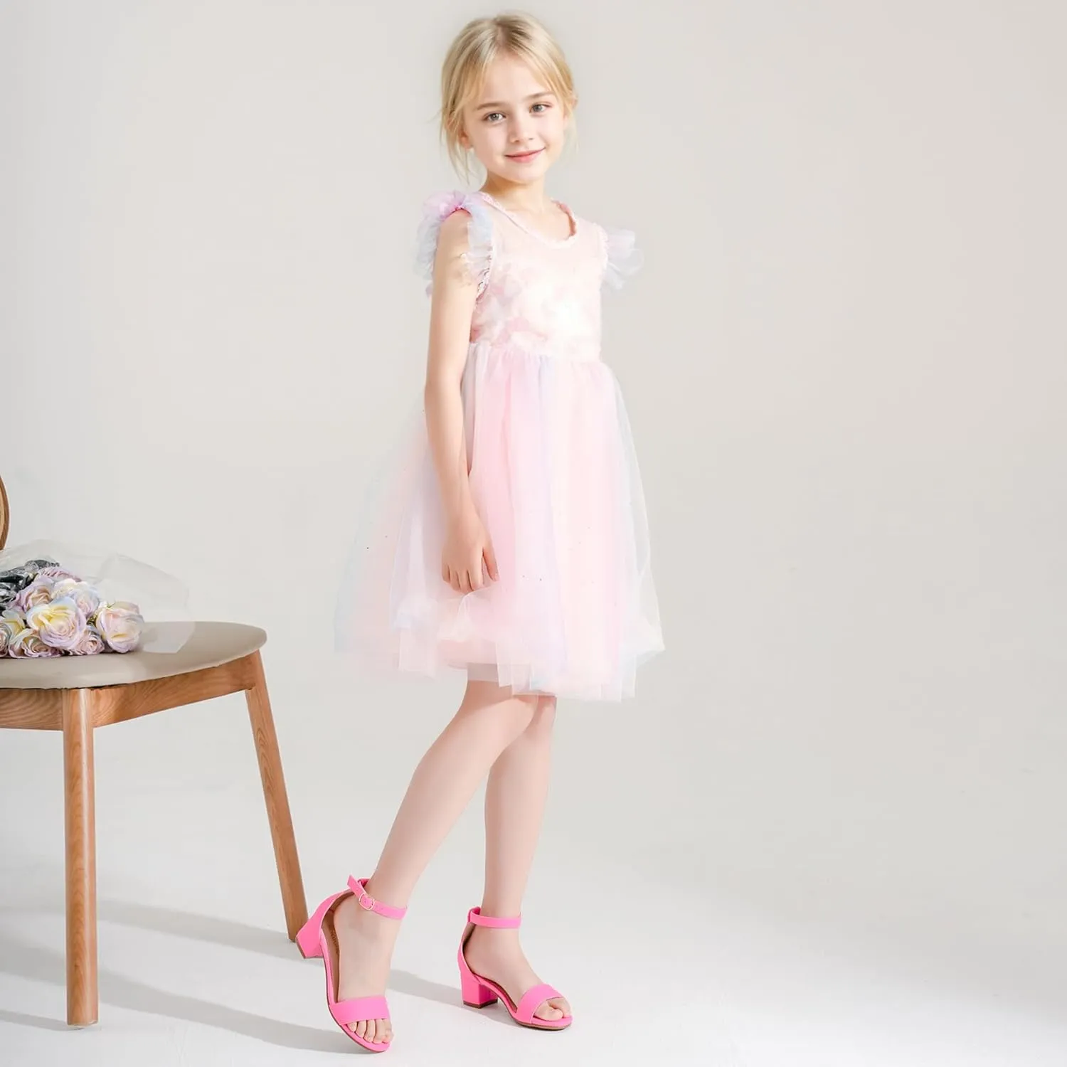 Girls High Heels Sandal for Girls Open Toe Ankle Buckle Strap Dress Shoes for Little Big Kids in Wedding Party Block Chunky Pump Sandals