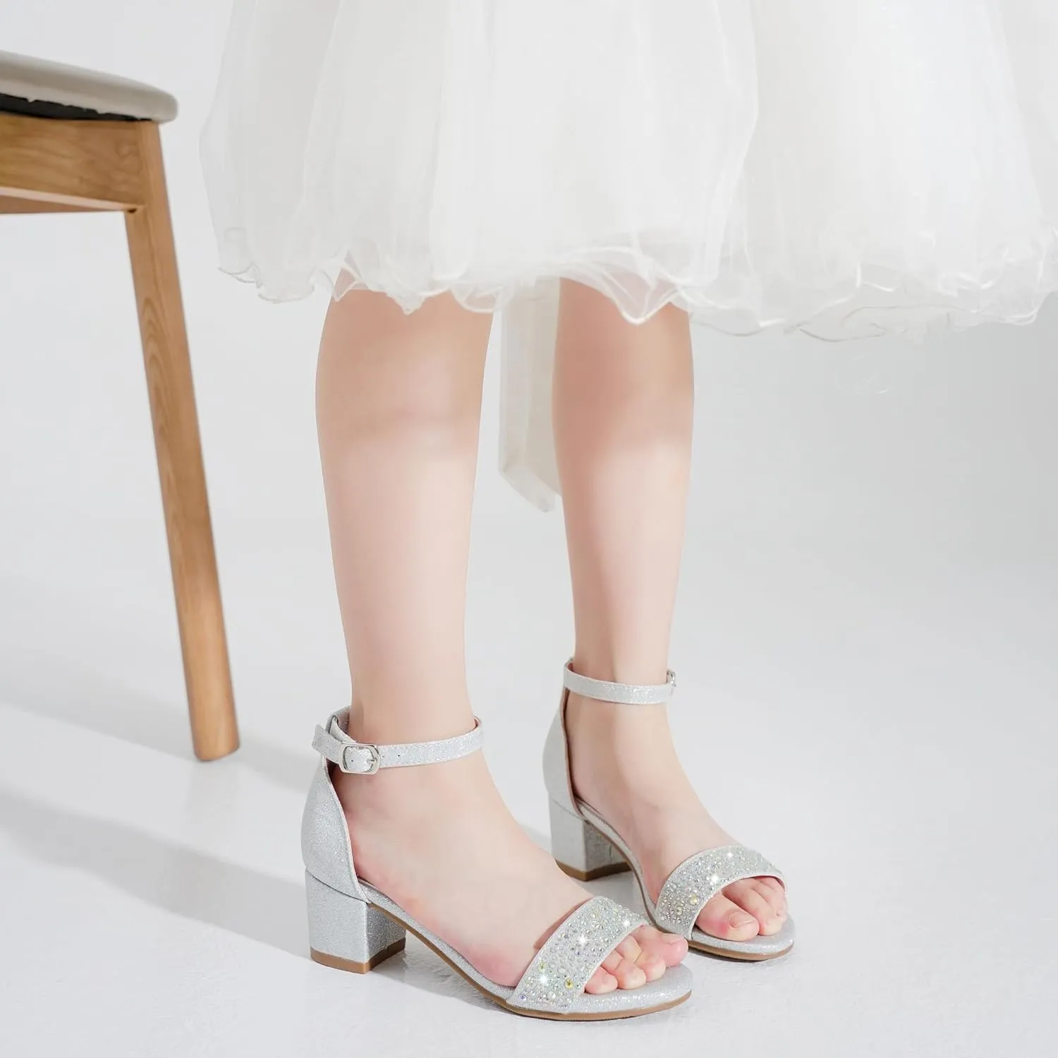 Girls High Heels Sandal for Girls Open Toe Ankle Buckle Strap Dress Shoes for Little Big Kids in Wedding Party Block Chunky Pump Sandals