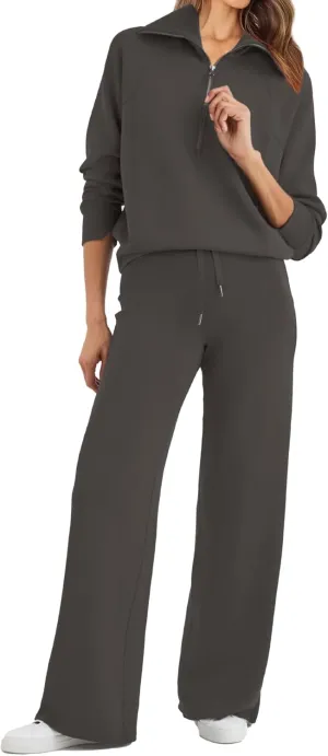 Glamaker Womens 2 Piece Outfits Sweatsuit Set Oversized Half Zip Sweatshirt Wide Leg Sweatpants Lounge Set Tracksuit