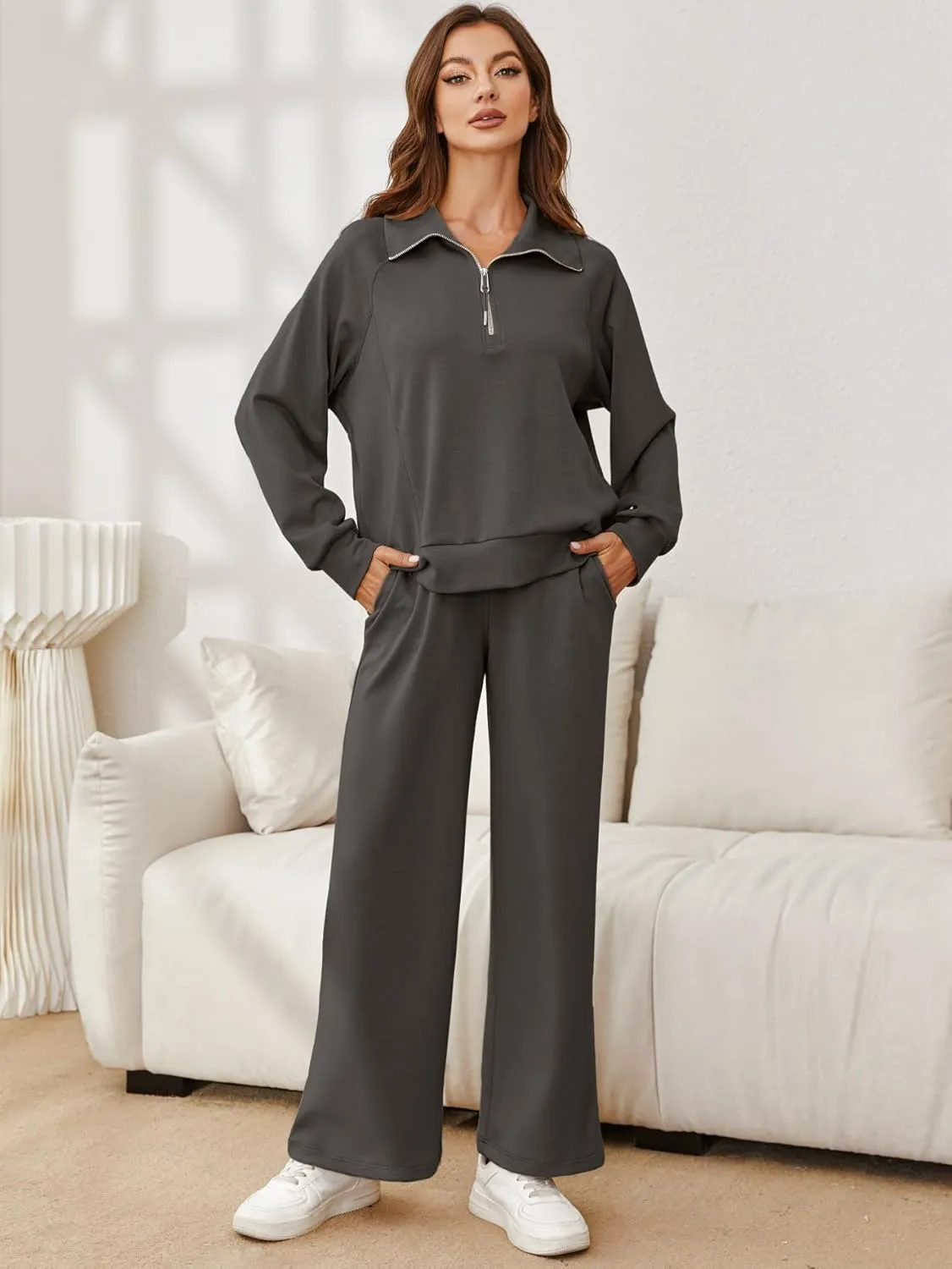 Glamaker Womens 2 Piece Outfits Sweatsuit Set Oversized Half Zip Sweatshirt Wide Leg Sweatpants Lounge Set Tracksuit