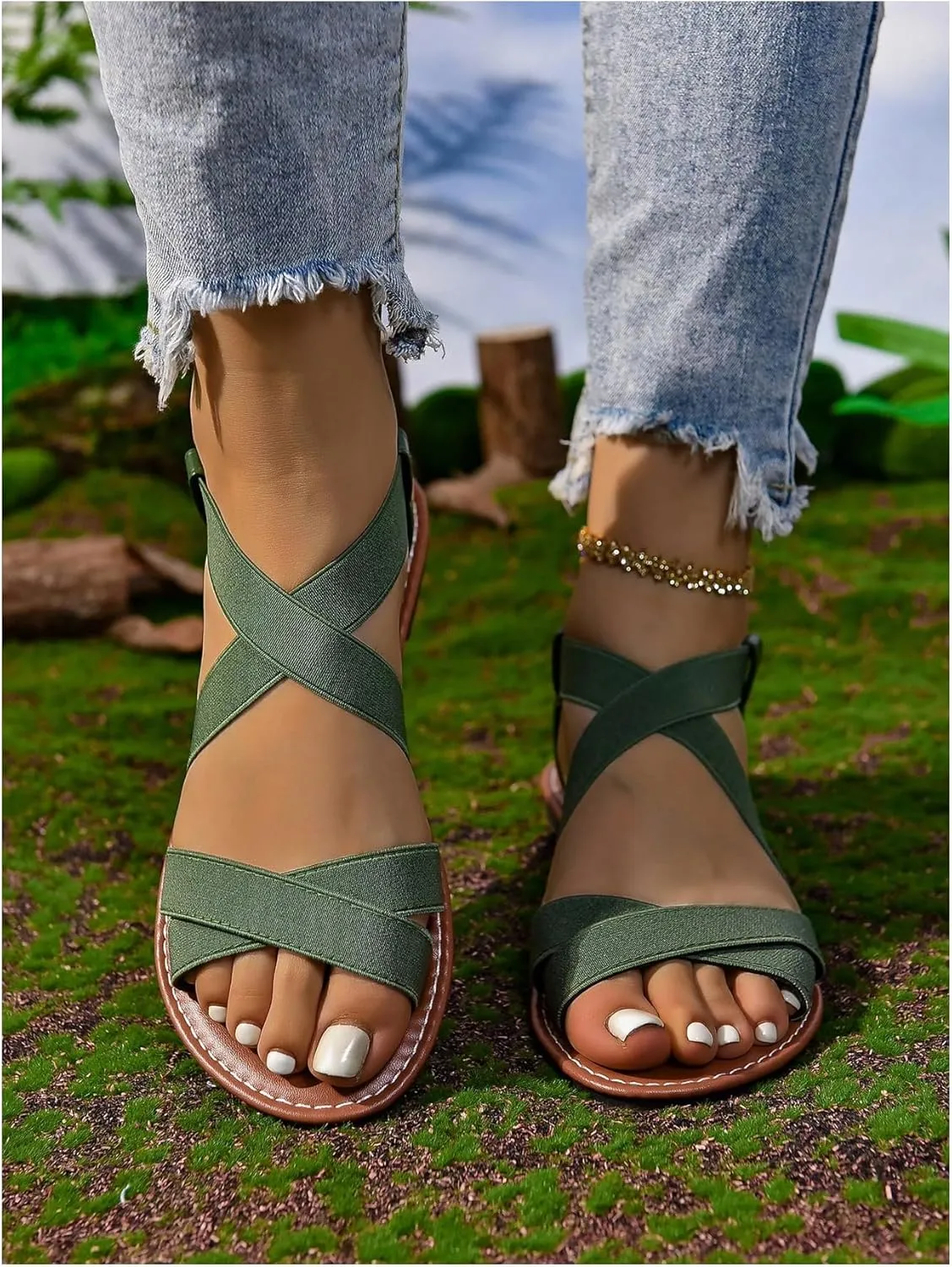 GORGLITTER Women's Criss Cross Gladiator Sandals Dressy Summer Cute Ankle Strap Open Toe Flat Sandals