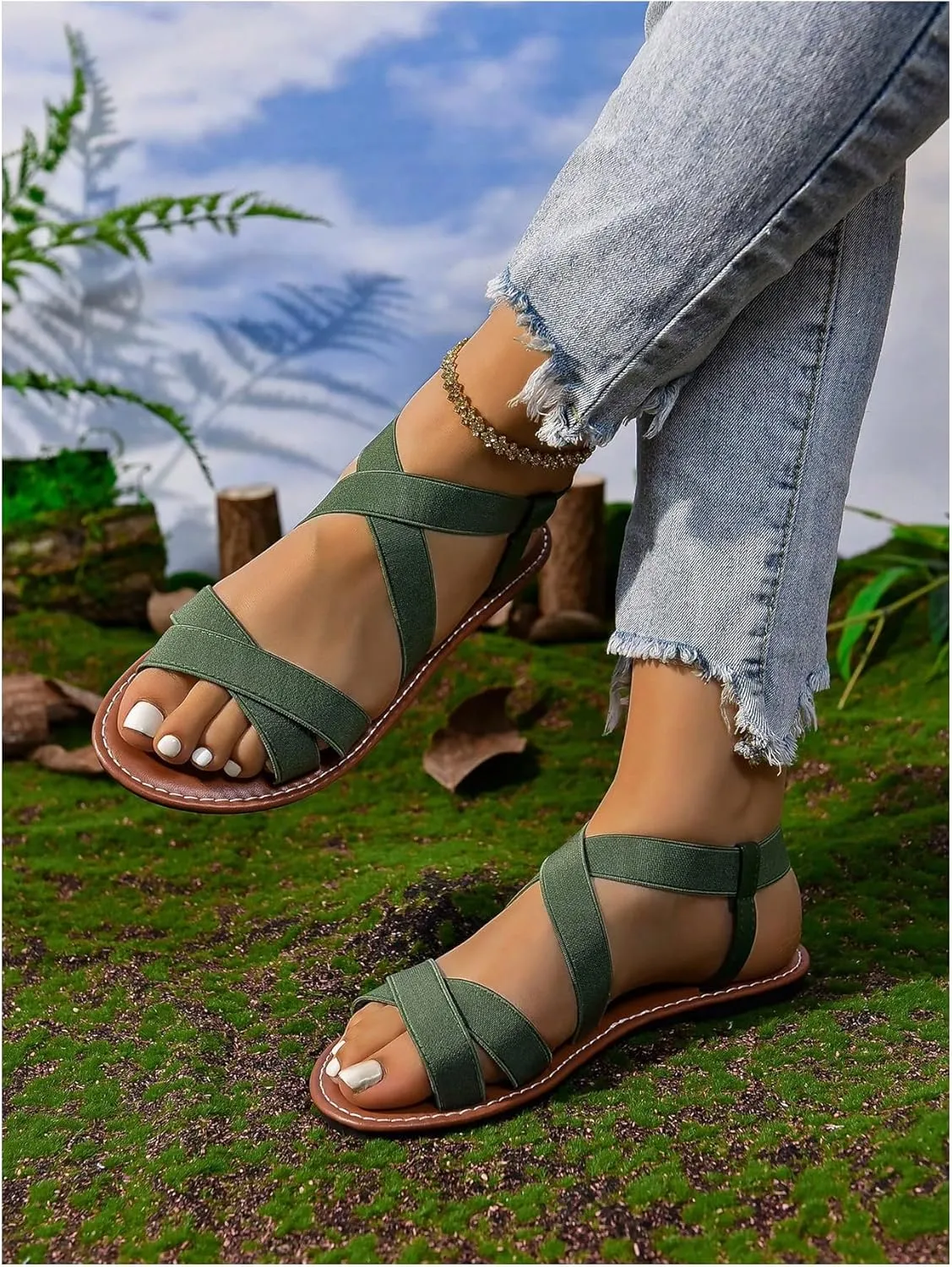 GORGLITTER Women's Criss Cross Gladiator Sandals Dressy Summer Cute Ankle Strap Open Toe Flat Sandals