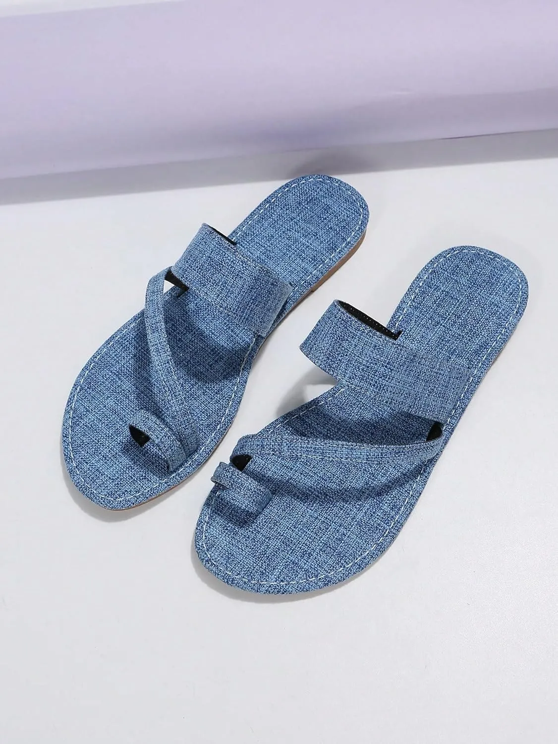 GORGLITTER Women's Denim Jean Sandals Cute Dressy Toe Ring Strappy Slip on Slide Flats Sandal