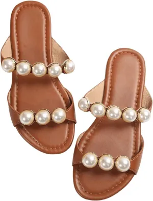 GORGLITTER Women's Pearls Flat Sandals Wedding Open Toe Beach Slide Sandals Dressy Vacation Shoes 2025
