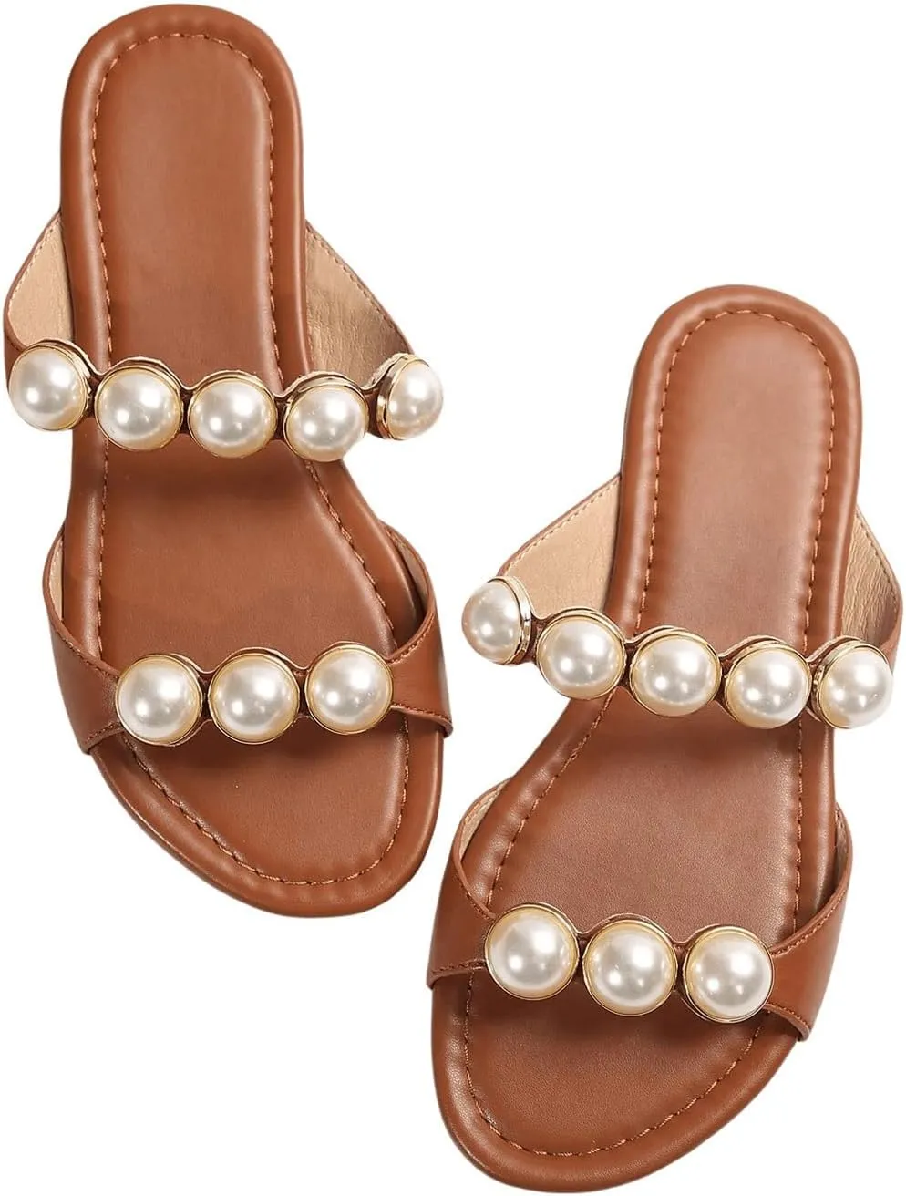 GORGLITTER Women's Pearls Flat Sandals Wedding Open Toe Beach Slide Sandals Dressy Vacation Shoes 2025