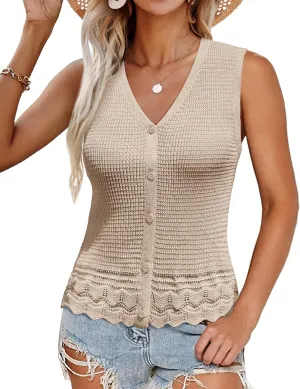 GRACE KARIN Womens Spring Summer Sweater Vest 2025 Casual Knit Sleeveless V Neck Button Down Crochet Crop Tank Tops