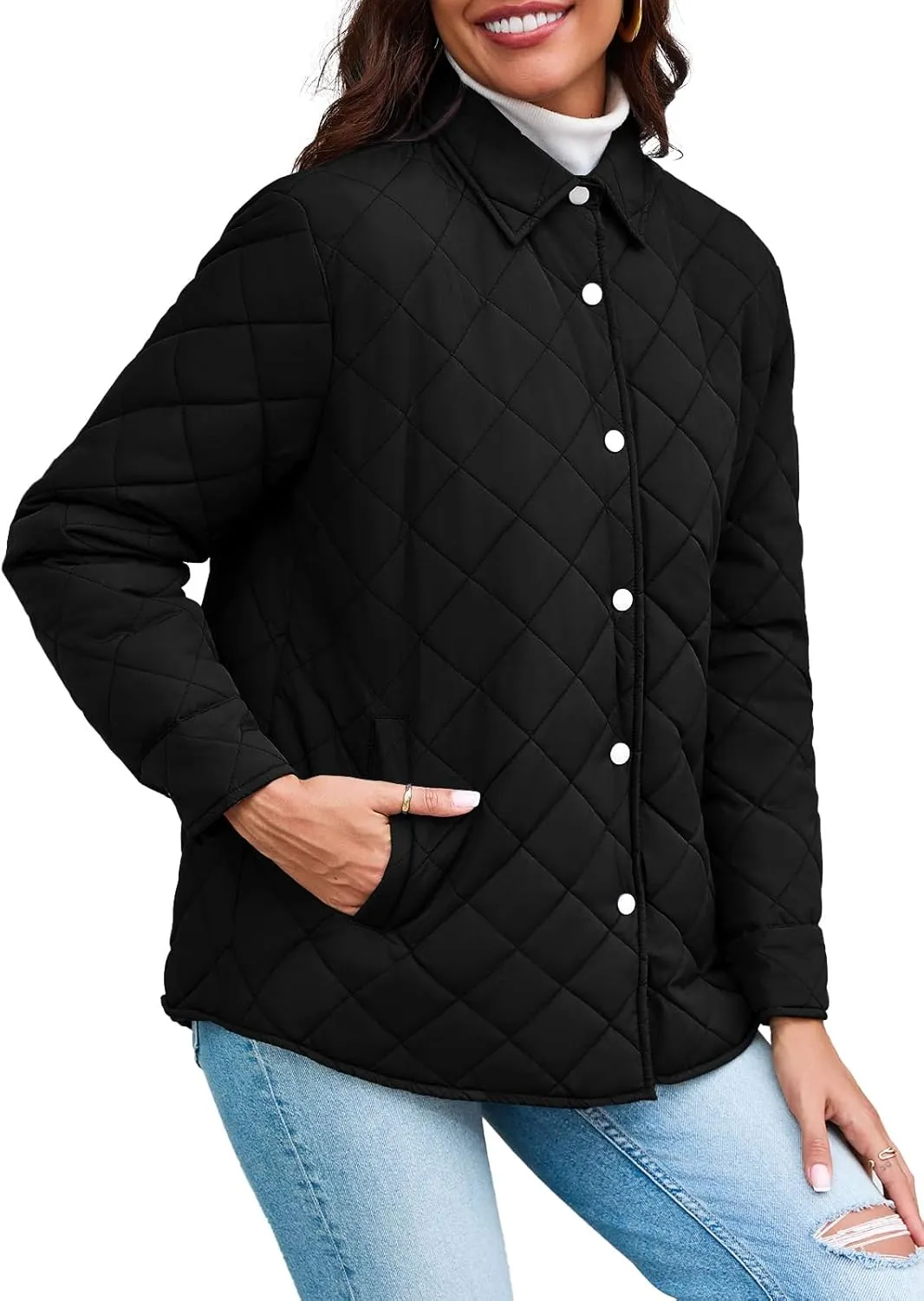 Grlasen Women's Lightweight Quilted Jacket Stand Collar Single-breasted Long Sleeve Warm Oversized Coat with Pockets