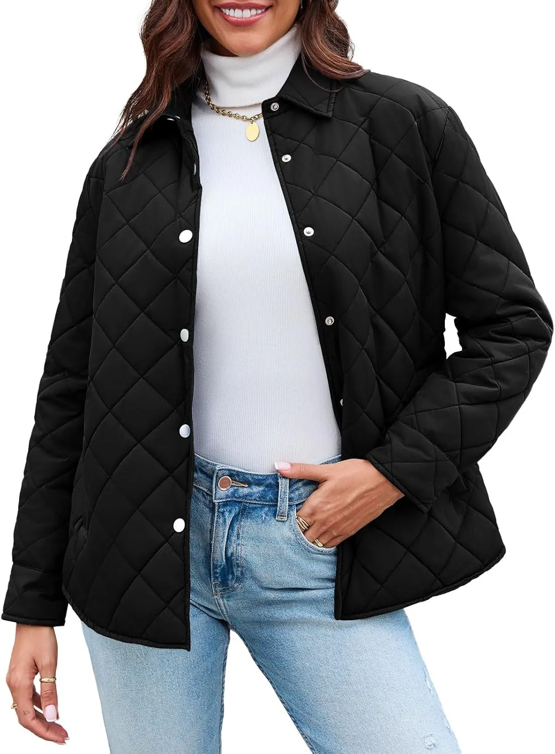 Grlasen Women's Lightweight Quilted Jacket Stand Collar Single-breasted Long Sleeve Warm Oversized Coat with Pockets