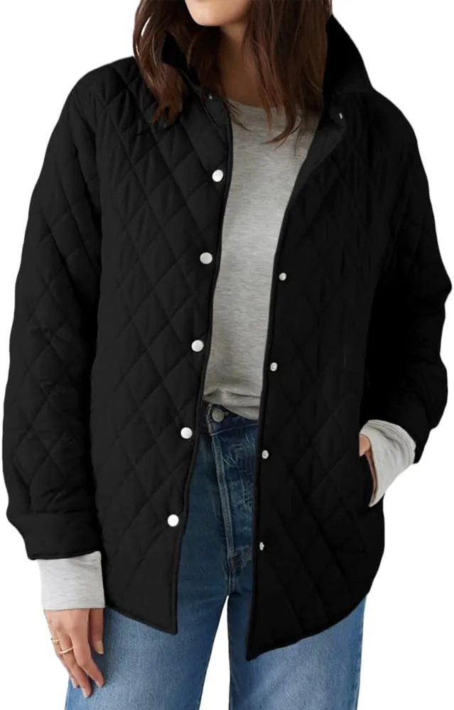 Grlasen Women's Lightweight Quilted Jacket Stand Collar Single-breasted Long Sleeve Warm Oversized Coat with Pockets