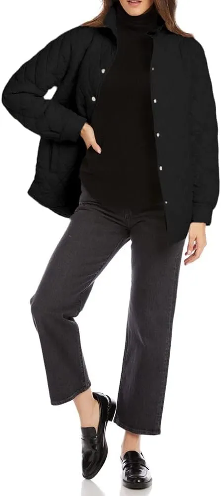 Grlasen Women's Lightweight Quilted Jacket Stand Collar Single-breasted Long Sleeve Warm Oversized Coat with Pockets