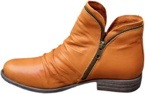 Hbeylia Ankle Boots For Women Cowboy Boots Vintage Fashion Ruched Leather V Cut Chunky Low Heel Ankle Booties Round Toe Wide Calf Short Boots With Side Zipper Combat Boots Winter Dress Shoes For Ladies