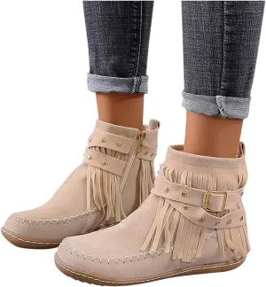 Hbeylia Boho Boots For Women Vintage Casual Tassel Fringe Suede Wide Round Toe Ankle Booties With Side Zipper Fashion Bohemian Slip On Flats Anti Skid Winter Mid Calf Short Dress Boots For Lady Girl