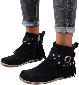 Hbeylia Boho Boots For Women Vintage Casual Tassel Fringe Suede Wide Round Toe Ankle Booties With Side Zipper Fashion Bohemian Slip On Flats Anti Skid Winter Mid Calf Short Dress Boots For Lady Girl