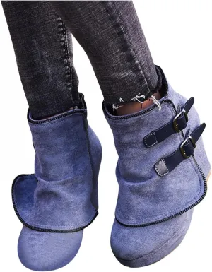 Hbeylia High Heels Boots For Women Boho Vintage Double Metal Buckle Suede Round Toe Platform Wedge Chunky Heels Ankle Booties With Side Zipper Casual Wide Mid Calf Dress Short Boots For Wedding Party