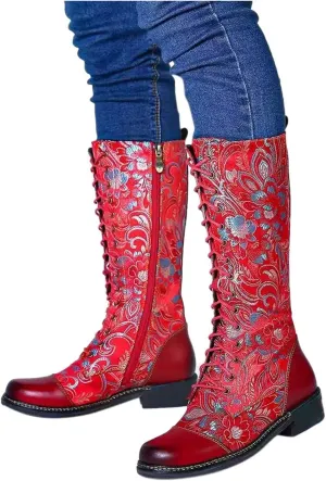 Hbeylia Knee High Combat Boots For Women Vintage Ethnic Flower Design Leather Lace Up Round Toe Chunky Low Heels Mid Calf Riding Boots Boho Winter Fall Dress Knee Length Tall Boots Party Decor