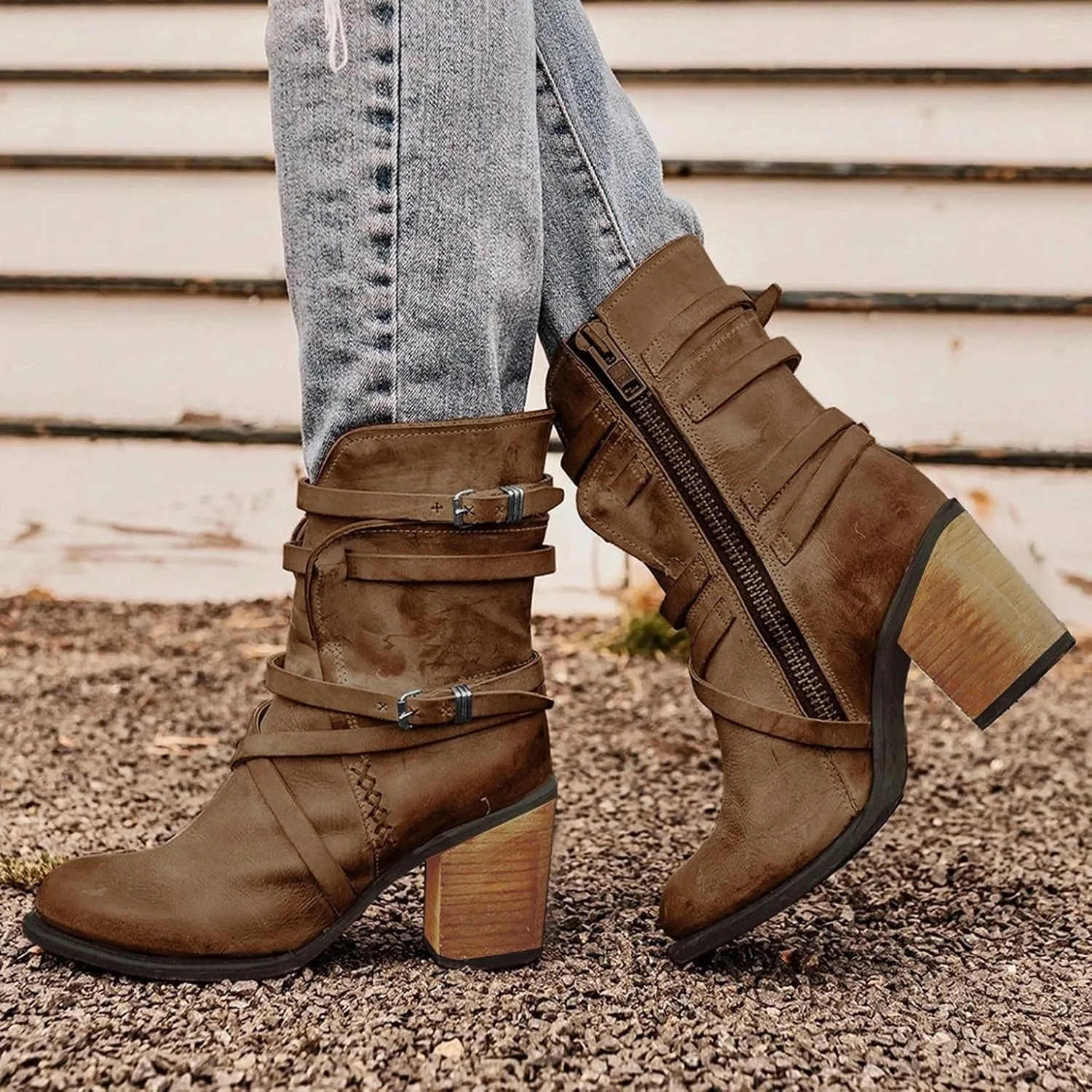 Hbeylia Leather Cowboys Cowgirls Boots For Women Fashion Slouchy Strap Belt Wrapped Chunky Block High Heels Wide Mid Calf Boots Vintage Western Dressy Pump Ankle Booties Riding Short Boots