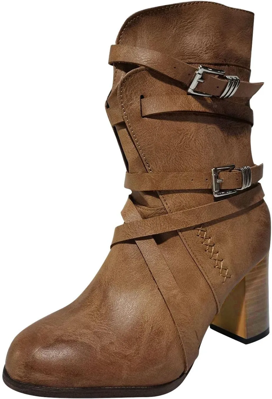 Hbeylia Leather Cowboys Cowgirls Boots For Women Fashion Slouchy Strap Belt Wrapped Chunky Block High Heels Wide Mid Calf Boots Vintage Western Dressy Pump Ankle Booties Riding Short Boots