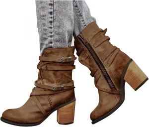 Hbeylia Leather Cowboys Cowgirls Boots For Women Fashion Slouchy Strap Belt Wrapped Chunky Block High Heels Wide Mid Calf Boots Vintage Western Dressy Pump Ankle Booties Riding Short Boots