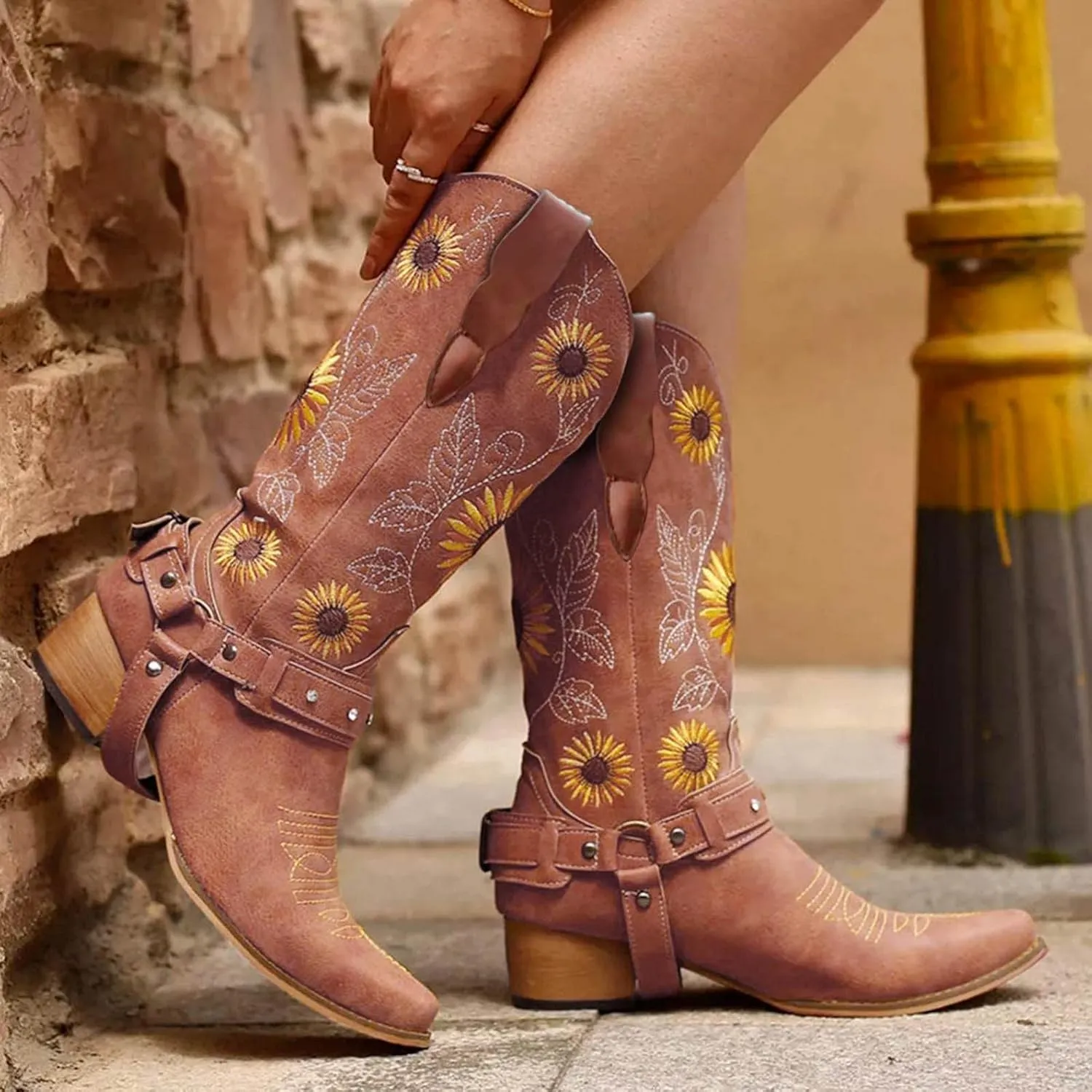 Hbeylia Sunflower Western Cowboy Boots For Women Flower Embroidered Ethnic Boho Vintage Leather Pointed Toe Chunky Block Mid Heels Wide Mid Calf Cowgirls Boots Retro Hawaii Slip On Dress Short Boots