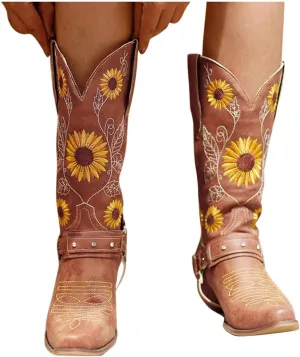 Hbeylia Sunflower Western Cowboy Boots For Women Flower Embroidered Ethnic Boho Vintage Leather Pointed Toe Chunky Block Mid Heels Wide Mid Calf Cowgirls Boots Retro Hawaii Slip On Dress Short Boots