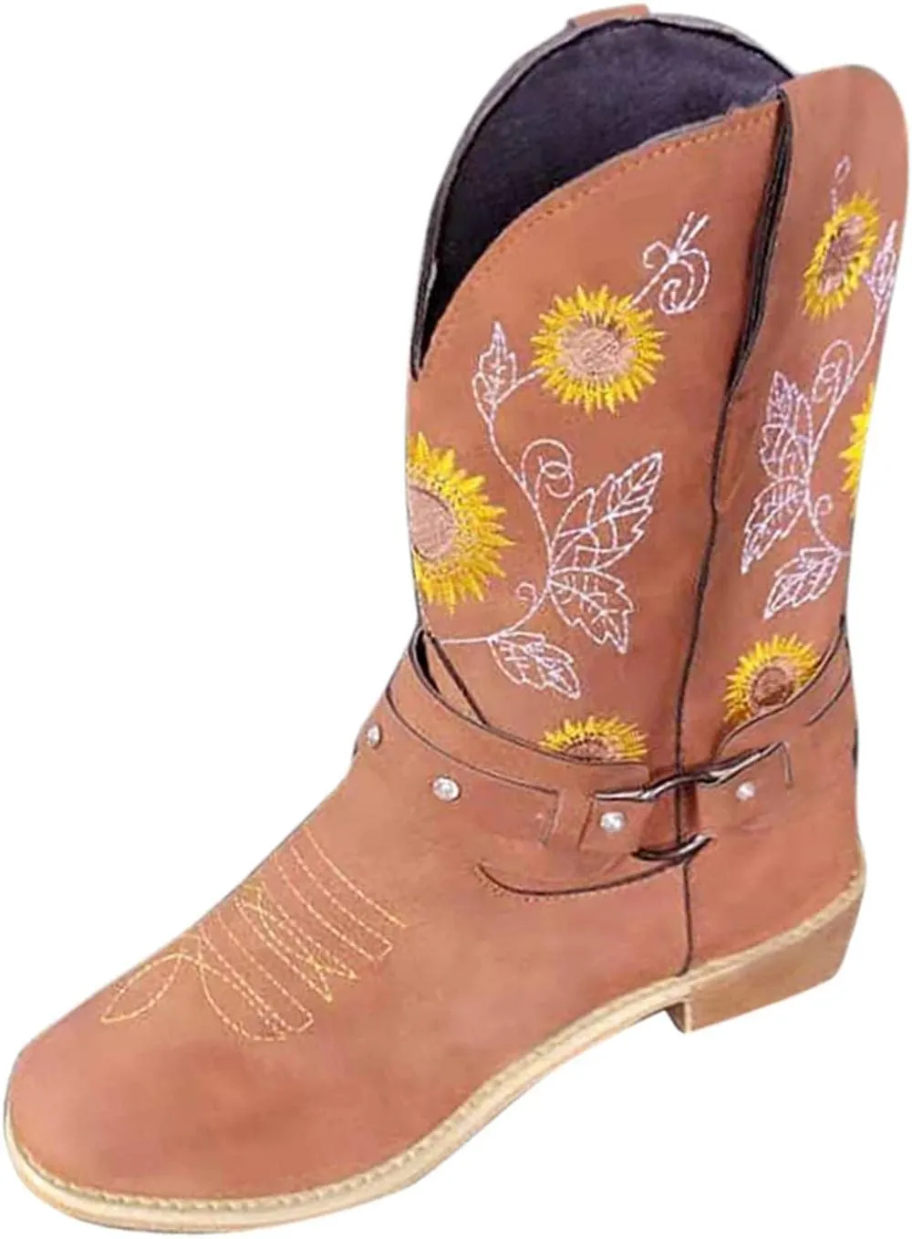 Hbeylia Sunflower Western Cowboy Boots For Women Flower Embroidered Ethnic Boho Vintage Leather Pointed Toe Chunky Block Mid Heels Wide Mid Calf Cowgirls Boots Retro Hawaii Slip On Dress Short Boots