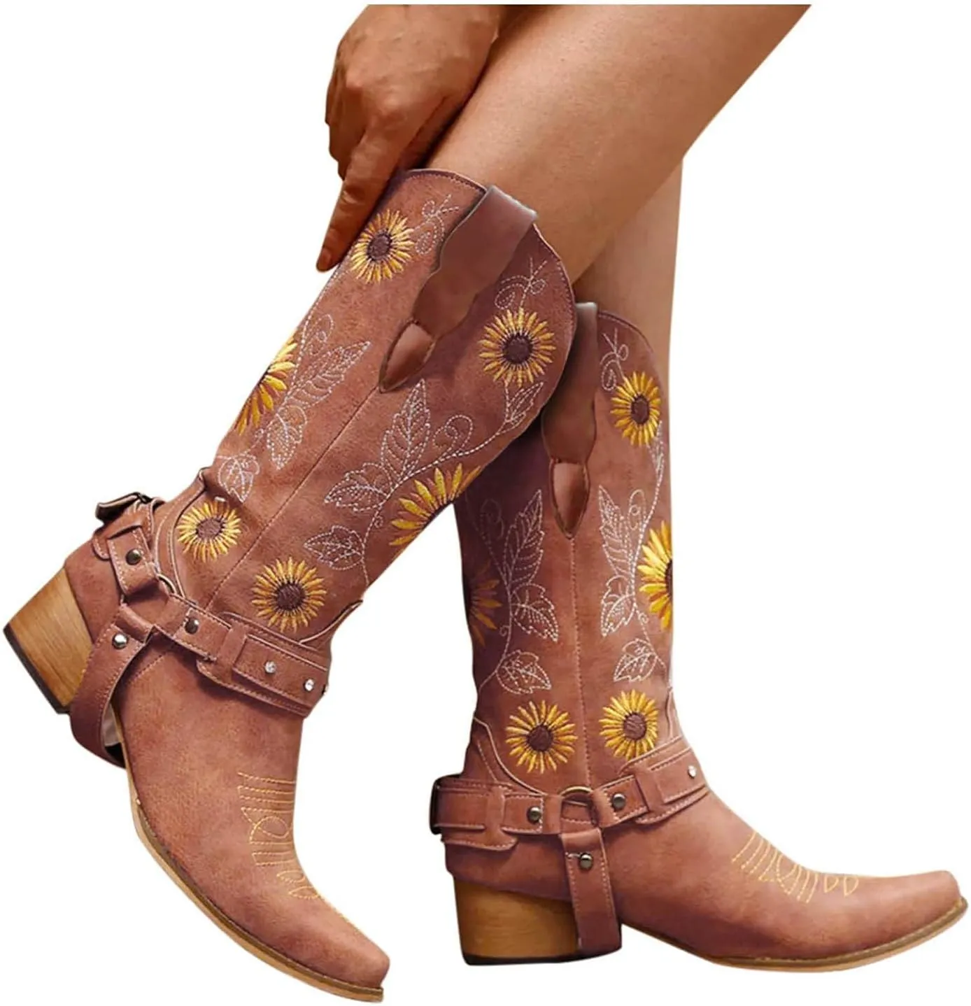 Hbeylia Sunflower Western Cowboy Boots For Women Flower Embroidered Ethnic Boho Vintage Leather Pointed Toe Chunky Block Mid Heels Wide Mid Calf Cowgirls Boots Retro Hawaii Slip On Dress Short Boots