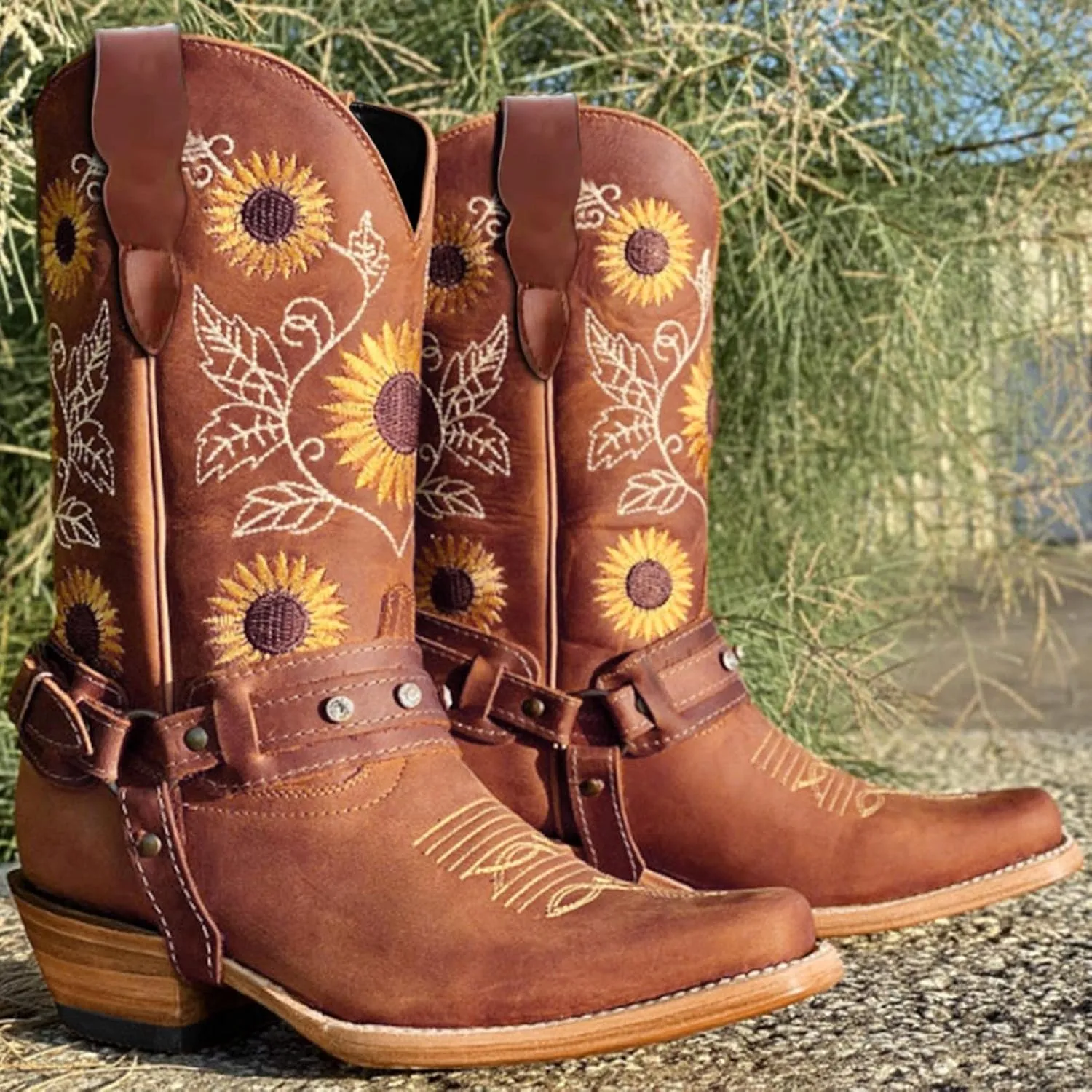 Hbeylia Sunflower Western Cowboy Boots For Women Flower Embroidered Ethnic Boho Vintage Leather Pointed Toe Chunky Block Mid Heels Wide Mid Calf Cowgirls Boots Retro Hawaii Slip On Dress Short Boots