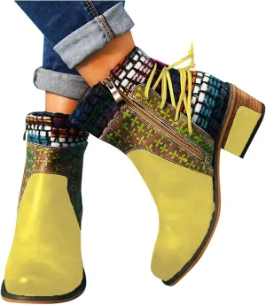 Hbeylia Vintage Boots For Women Ethnic Boho Leather Round Toe Lace Up Chunky Block Mid Heels Ankle Booties Bohemian Retro Steel Toe Dress Mid Calf Short Boots With Side Zipper For Ladies