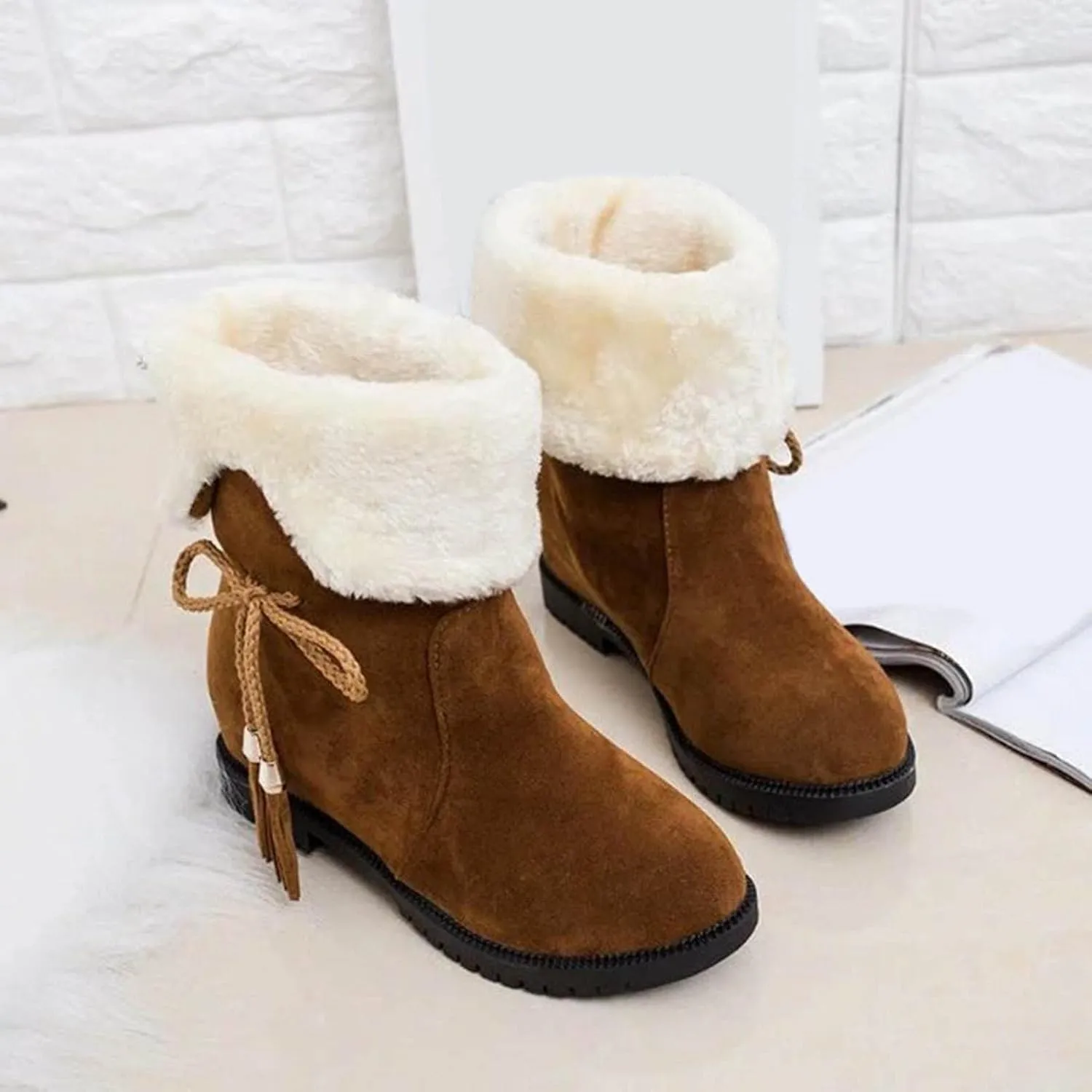 Hbeylia Winter Snow Boots For Women Girls Fashion Flip Fleece Lined Suede Lace Up Pull On Round Toe Wedge Low Heels Ankle Booties Warm Non Slip Plush Fur Lining Mid Calf Short Dress Boots Winter Shoes