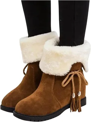 Hbeylia Winter Snow Boots For Women Girls Fashion Flip Fleece Lined Suede Lace Up Pull On Round Toe Wedge Low Heels Ankle Booties Warm Non Slip Plush Fur Lining Mid Calf Short Dress Boots Winter Shoes