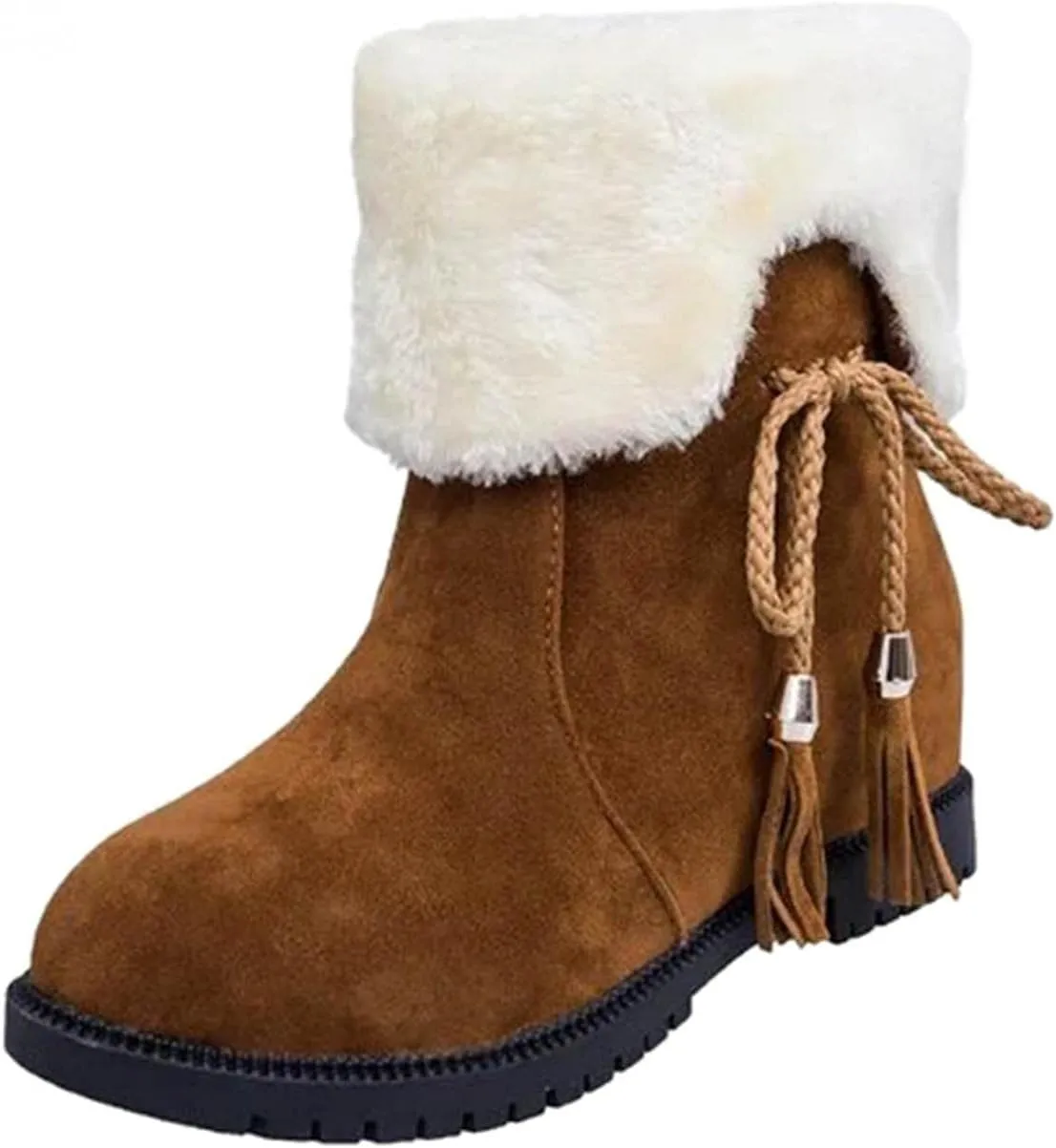 Hbeylia Winter Snow Boots For Women Girls Fashion Flip Fleece Lined Suede Lace Up Pull On Round Toe Wedge Low Heels Ankle Booties Warm Non Slip Plush Fur Lining Mid Calf Short Dress Boots Winter Shoes