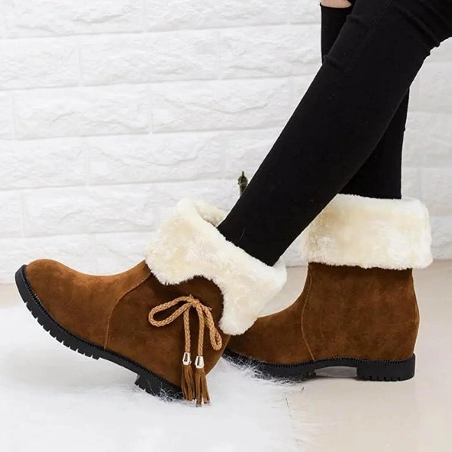 Hbeylia Winter Snow Boots For Women Girls Fashion Flip Fleece Lined Suede Lace Up Pull On Round Toe Wedge Low Heels Ankle Booties Warm Non Slip Plush Fur Lining Mid Calf Short Dress Boots Winter Shoes