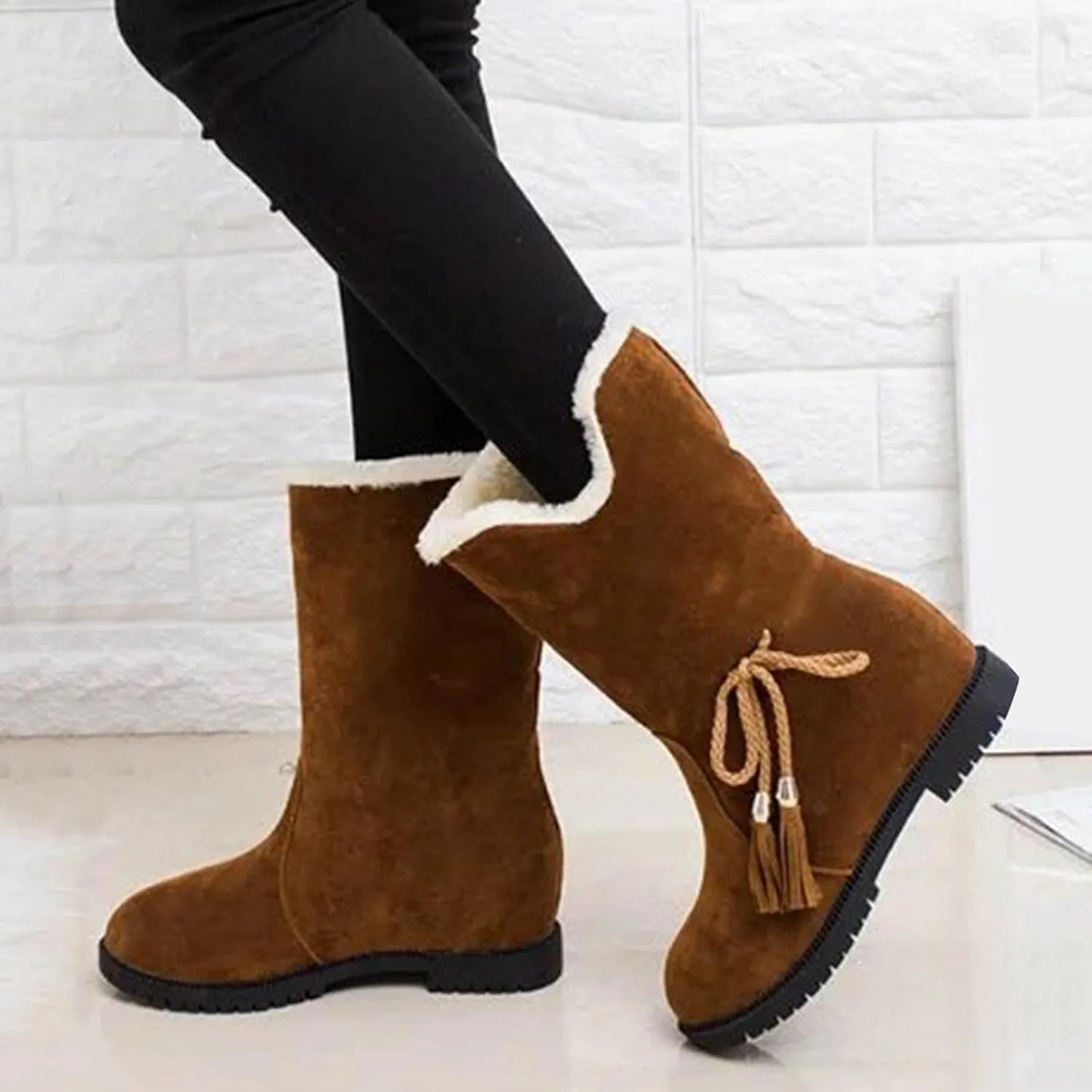 Hbeylia Winter Snow Boots For Women Girls Fashion Flip Fleece Lined Suede Lace Up Pull On Round Toe Wedge Low Heels Ankle Booties Warm Non Slip Plush Fur Lining Mid Calf Short Dress Boots Winter Shoes