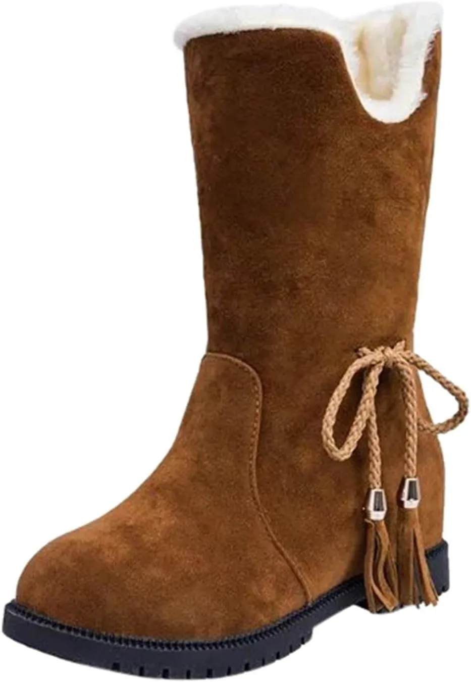 Hbeylia Winter Snow Boots For Women Girls Fashion Flip Fleece Lined Suede Lace Up Pull On Round Toe Wedge Low Heels Ankle Booties Warm Non Slip Plush Fur Lining Mid Calf Short Dress Boots Winter Shoes