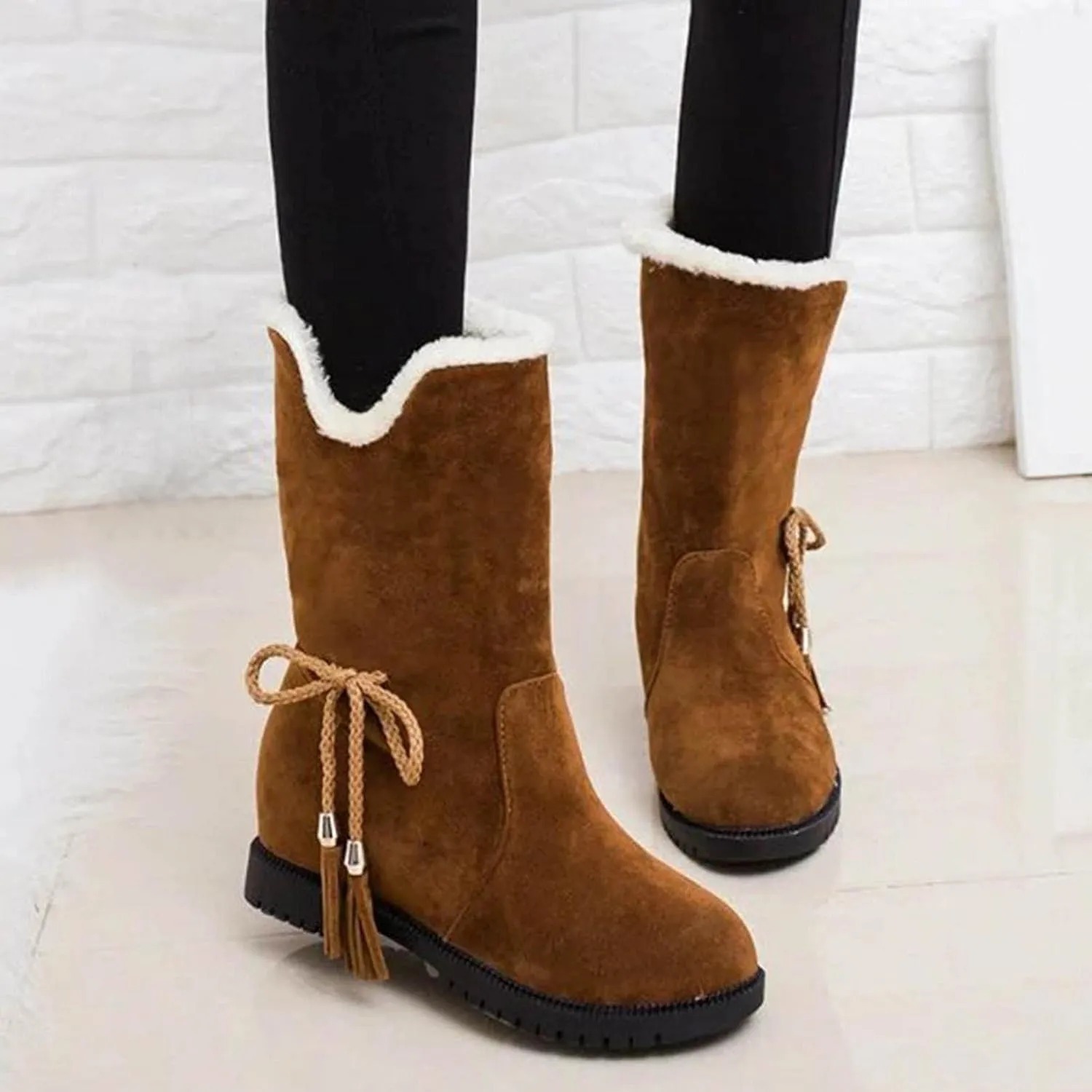 Hbeylia Winter Snow Boots For Women Girls Fashion Flip Fleece Lined Suede Lace Up Pull On Round Toe Wedge Low Heels Ankle Booties Warm Non Slip Plush Fur Lining Mid Calf Short Dress Boots Winter Shoes