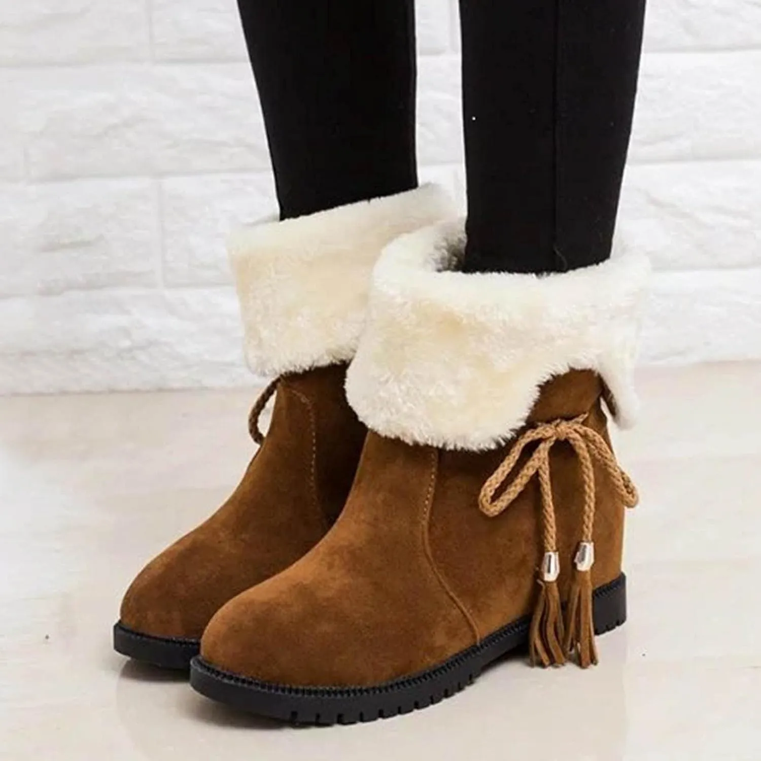 Hbeylia Winter Snow Boots For Women Girls Fashion Flip Fleece Lined Suede Lace Up Pull On Round Toe Wedge Low Heels Ankle Booties Warm Non Slip Plush Fur Lining Mid Calf Short Dress Boots Winter Shoes