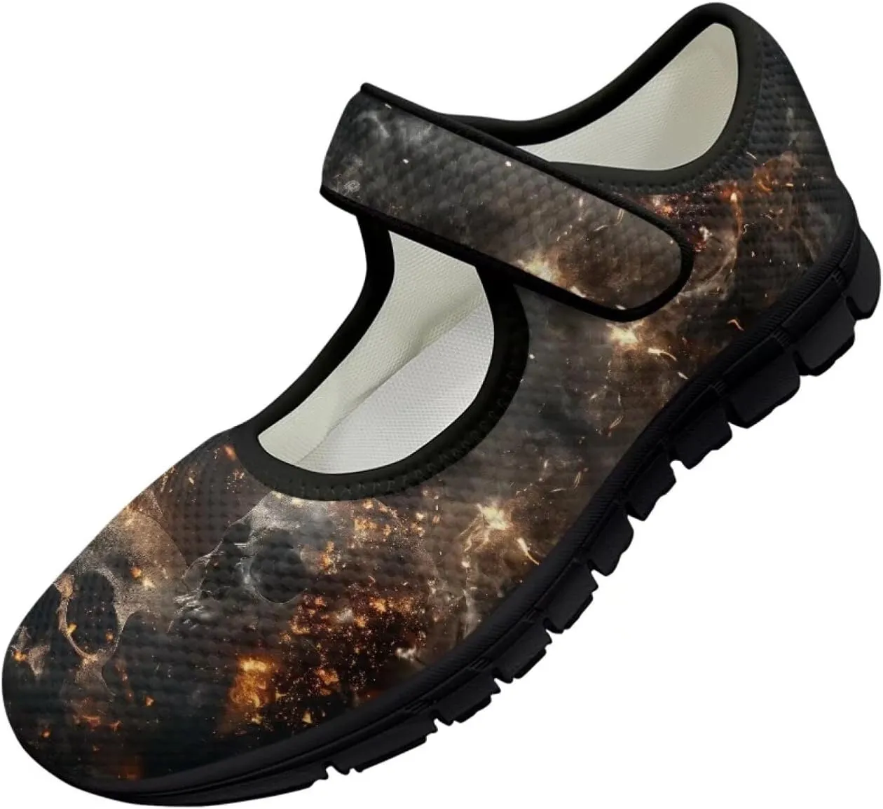 Howilath Gothic Skull Print Womens Mary Jane Shoes Flats Round Toe Ballet Flats Dress Dance Shoe swith Magic Sticker