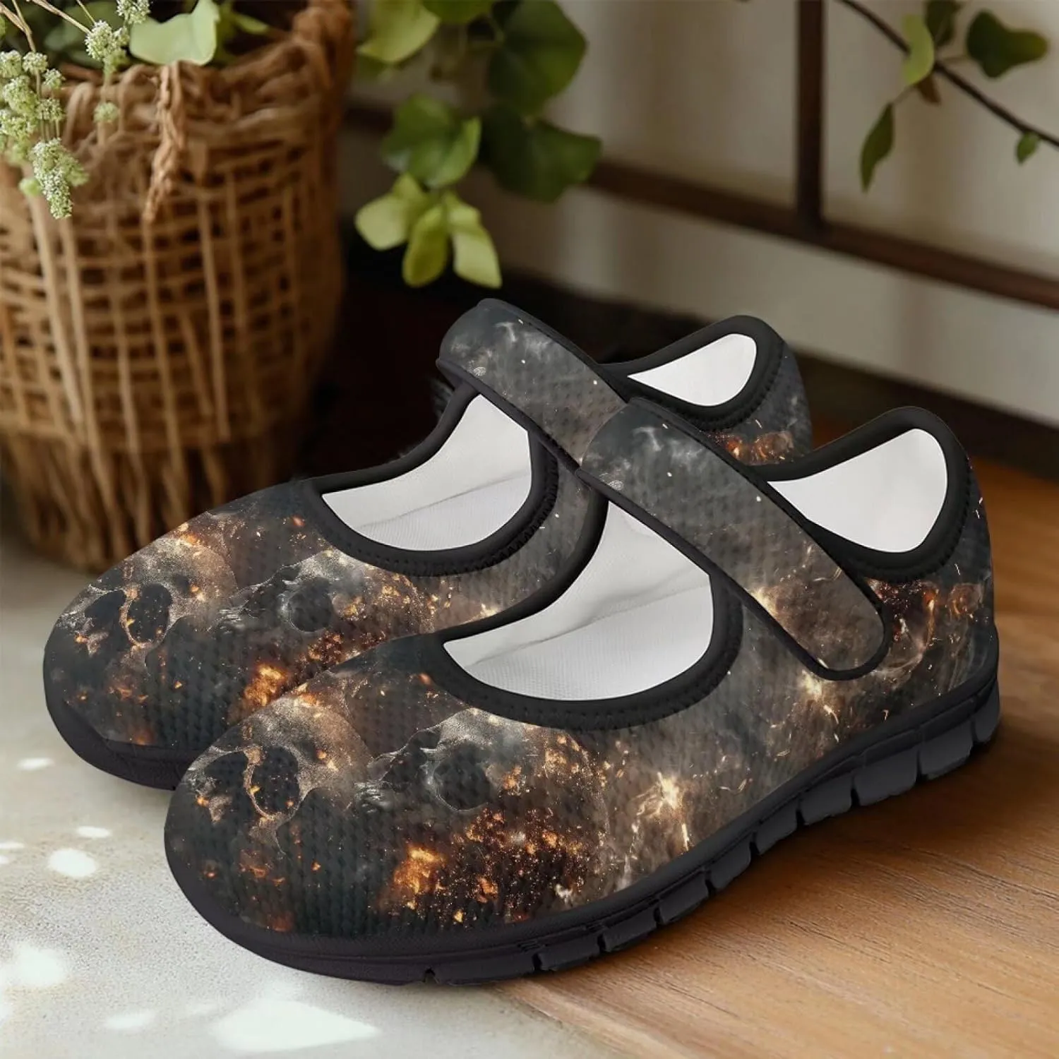 Howilath Gothic Skull Print Womens Mary Jane Shoes Flats Round Toe Ballet Flats Dress Dance Shoe swith Magic Sticker