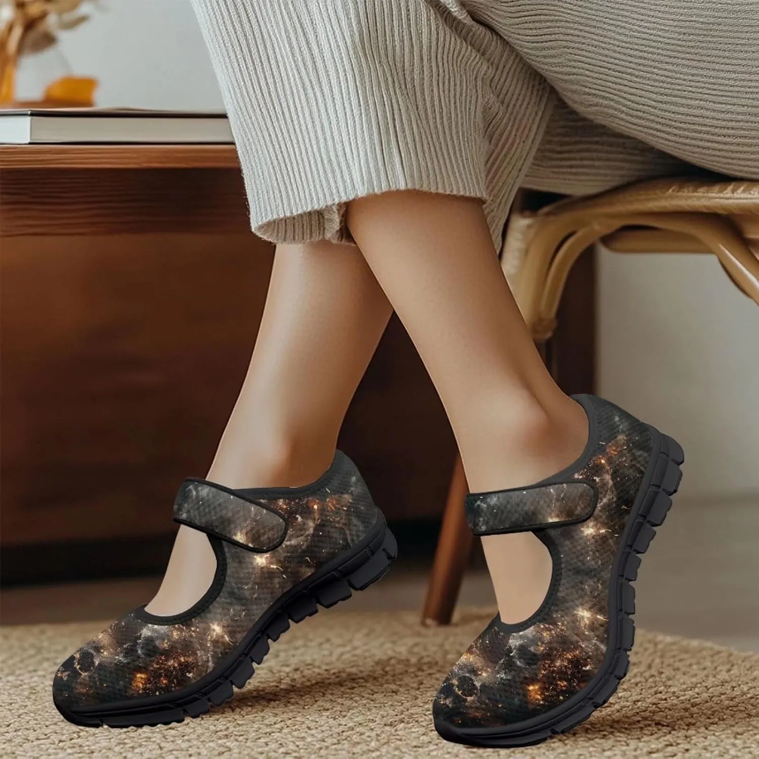 Howilath Gothic Skull Print Womens Mary Jane Shoes Flats Round Toe Ballet Flats Dress Dance Shoe swith Magic Sticker