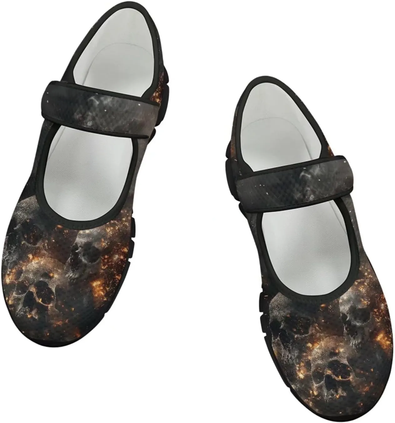 Howilath Gothic Skull Print Womens Mary Jane Shoes Flats Round Toe Ballet Flats Dress Dance Shoe swith Magic Sticker
