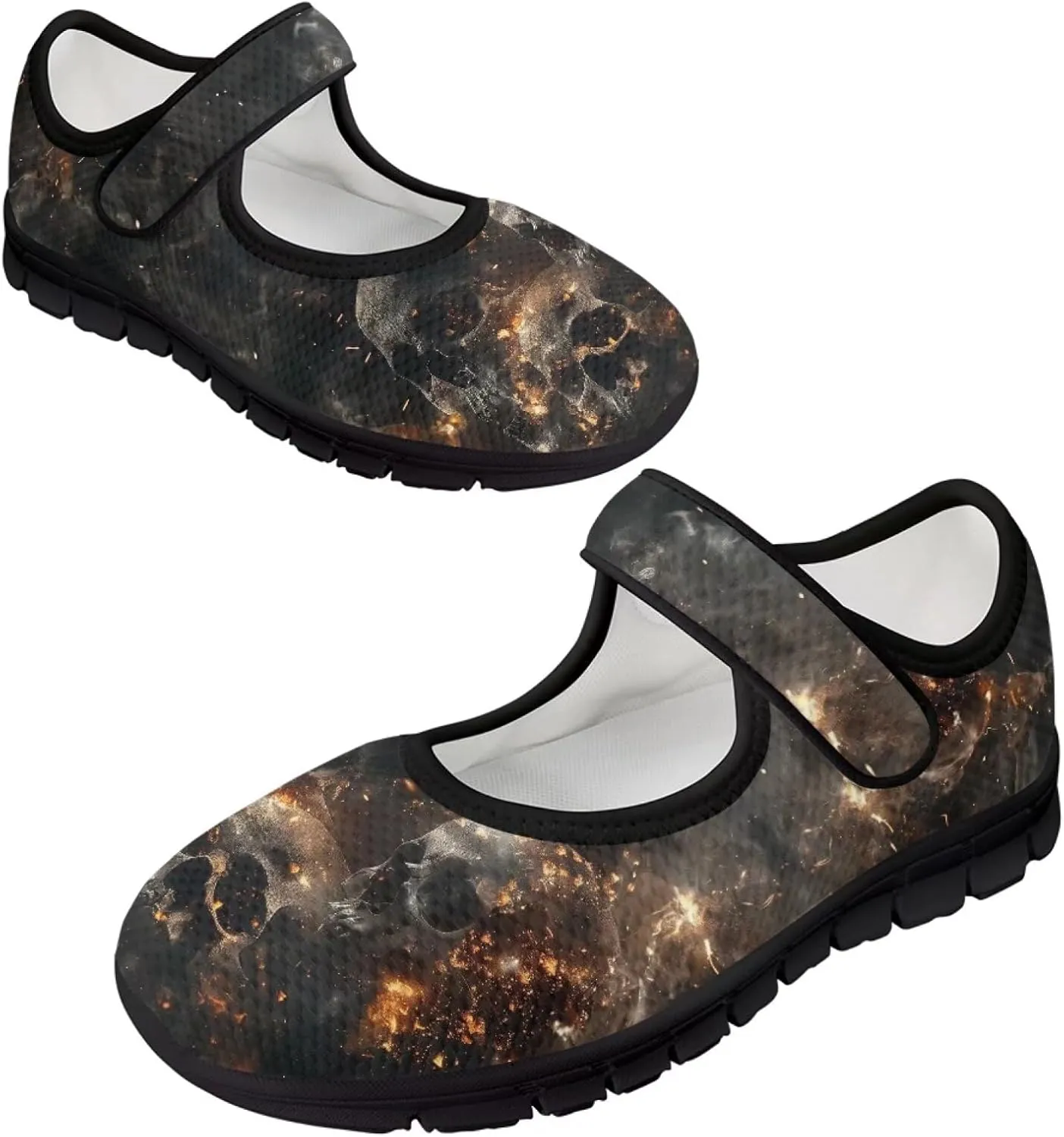 Howilath Gothic Skull Print Womens Mary Jane Shoes Flats Round Toe Ballet Flats Dress Dance Shoe swith Magic Sticker