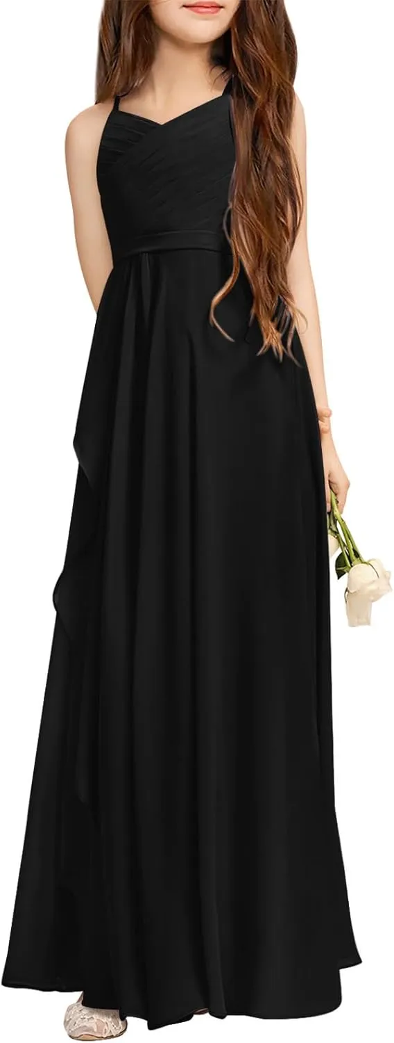 Imily Bela Girls A-Line Halter Dress Junior Bridesmaid Flower Girl Flowy Chiffon Maxi Dresses Wedding Party Pageant Gown