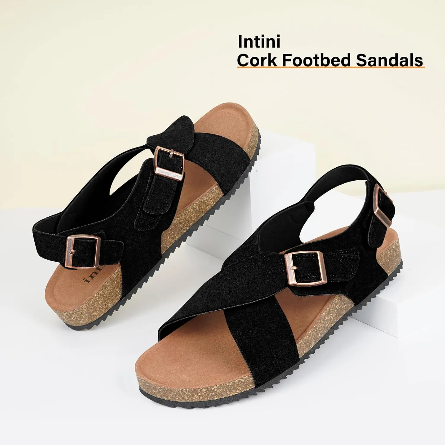 Intini Women's Cork Footbed Sandals with Arch Support Suede Leather Flat Slides Sandals Comfort Open Toe Slip On Shoes for Outdoor Summer Adjustable Buckle & Crisscross Band